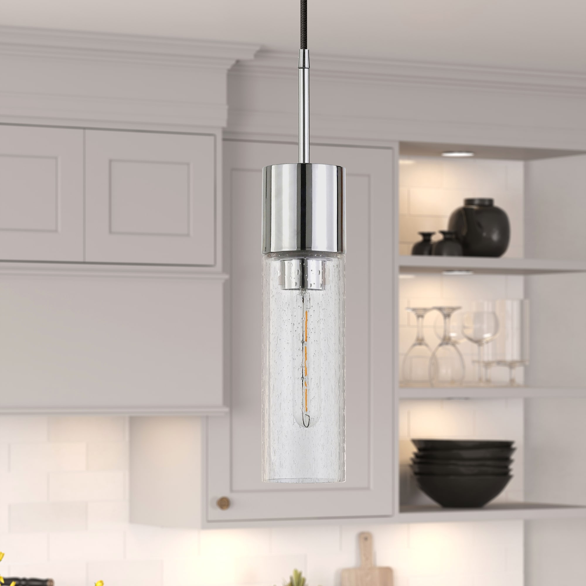 Hailey Home PD0584 Lance Polished Nickel Transitional Seeded glass Drum Medium Hanging Pendant light