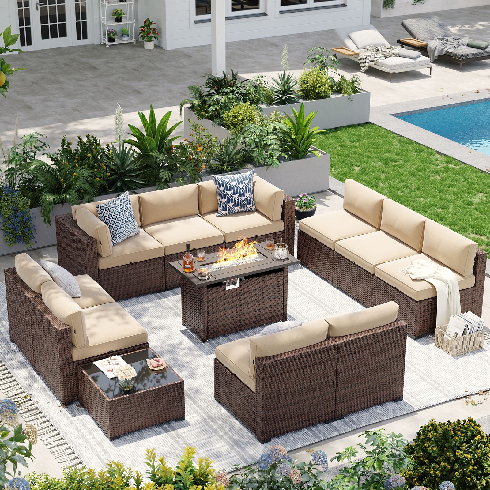 AOXUN  12 Piece Patio Furniture Set with 44 inch Fire Pit Table Rattan Wicker Patio Sectional Sofa Set Outdoor Seating with Thick Cushions Brown