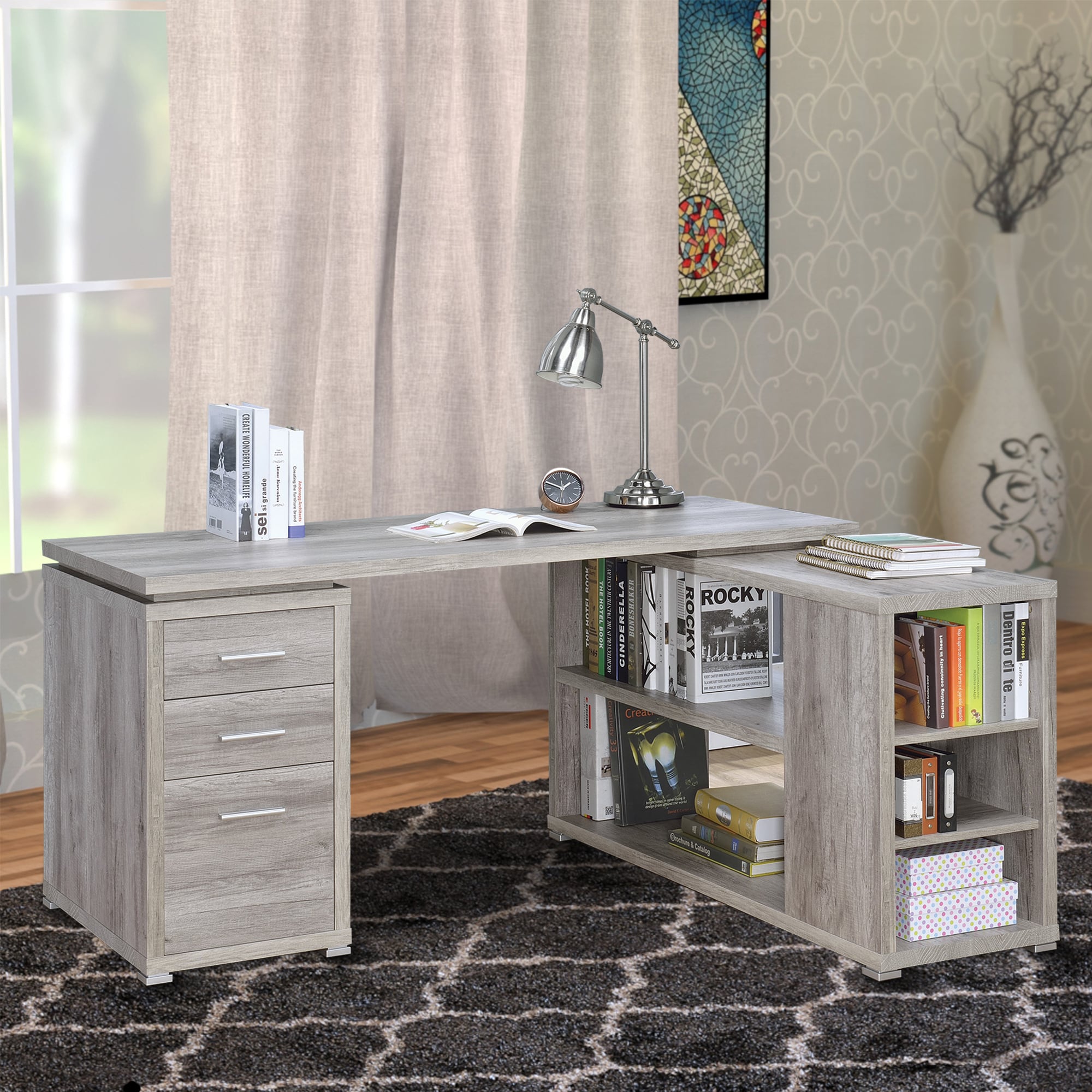 Gray Wood L-Shaped Computer Desk with Drawer and Filing Cabinet