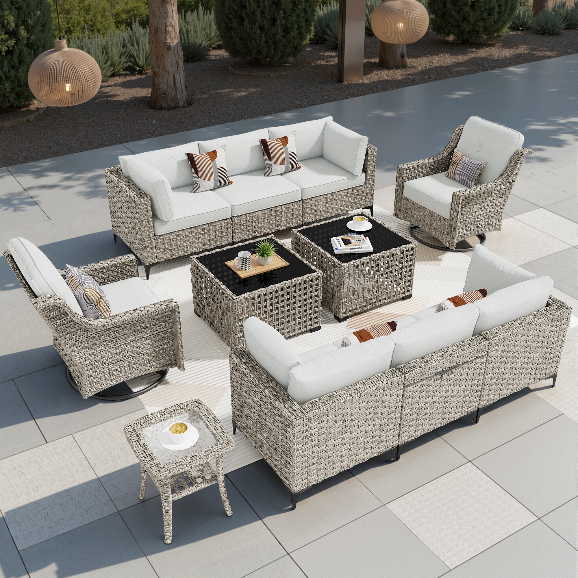 weaxty DSCRRSPAD4011 Lotus 11 -Piece Rattan Patio Conversation Set with Gray Cushions