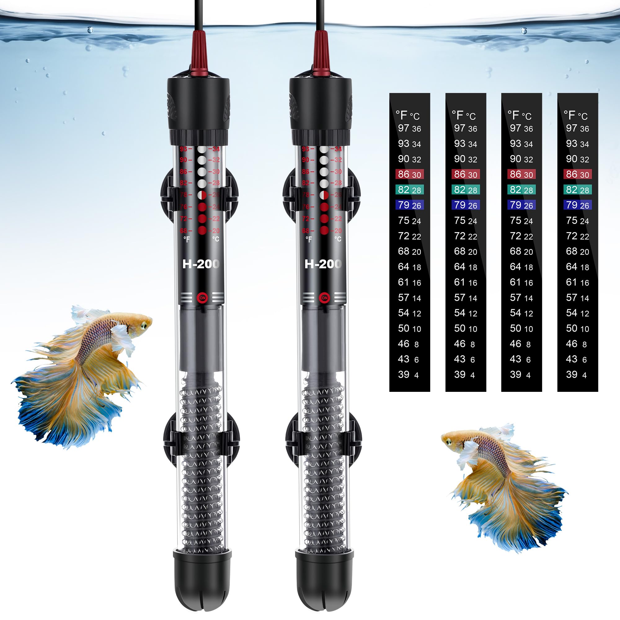 AKSCYZM  2 Pack 100W Submersible Aquarium Heater Adjustable Thermostat with 4 Temperature Stickers and Suction Cups for Freshwater and Saltwater