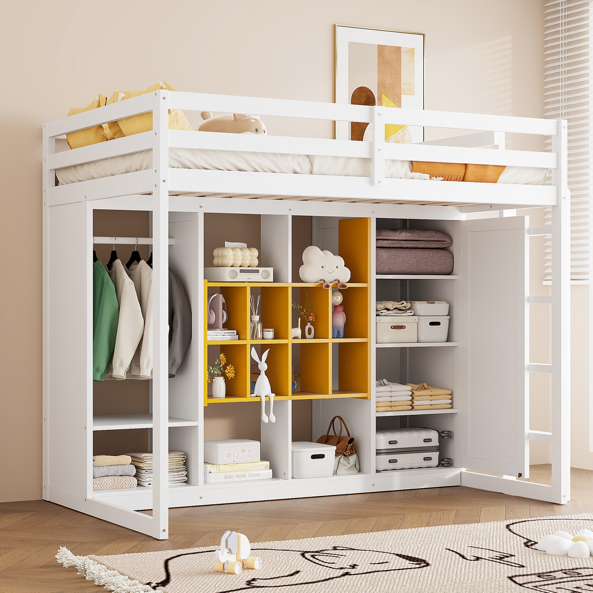 GDFStudio 343085 Avalon Twin Size Loft Bed with Wardrobe and Shelves