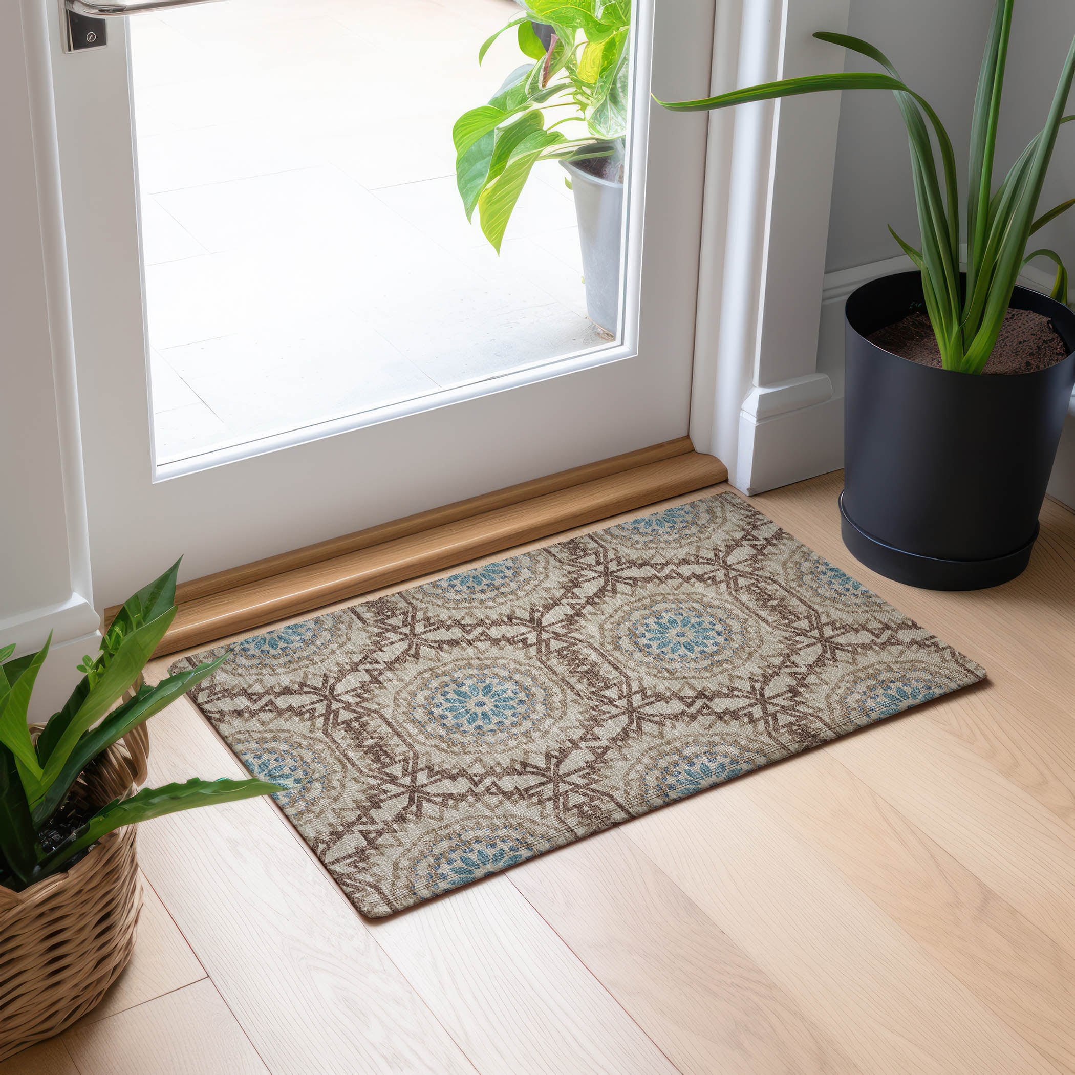 Khaki and Blue Rectangular Synthetic Washable Rug