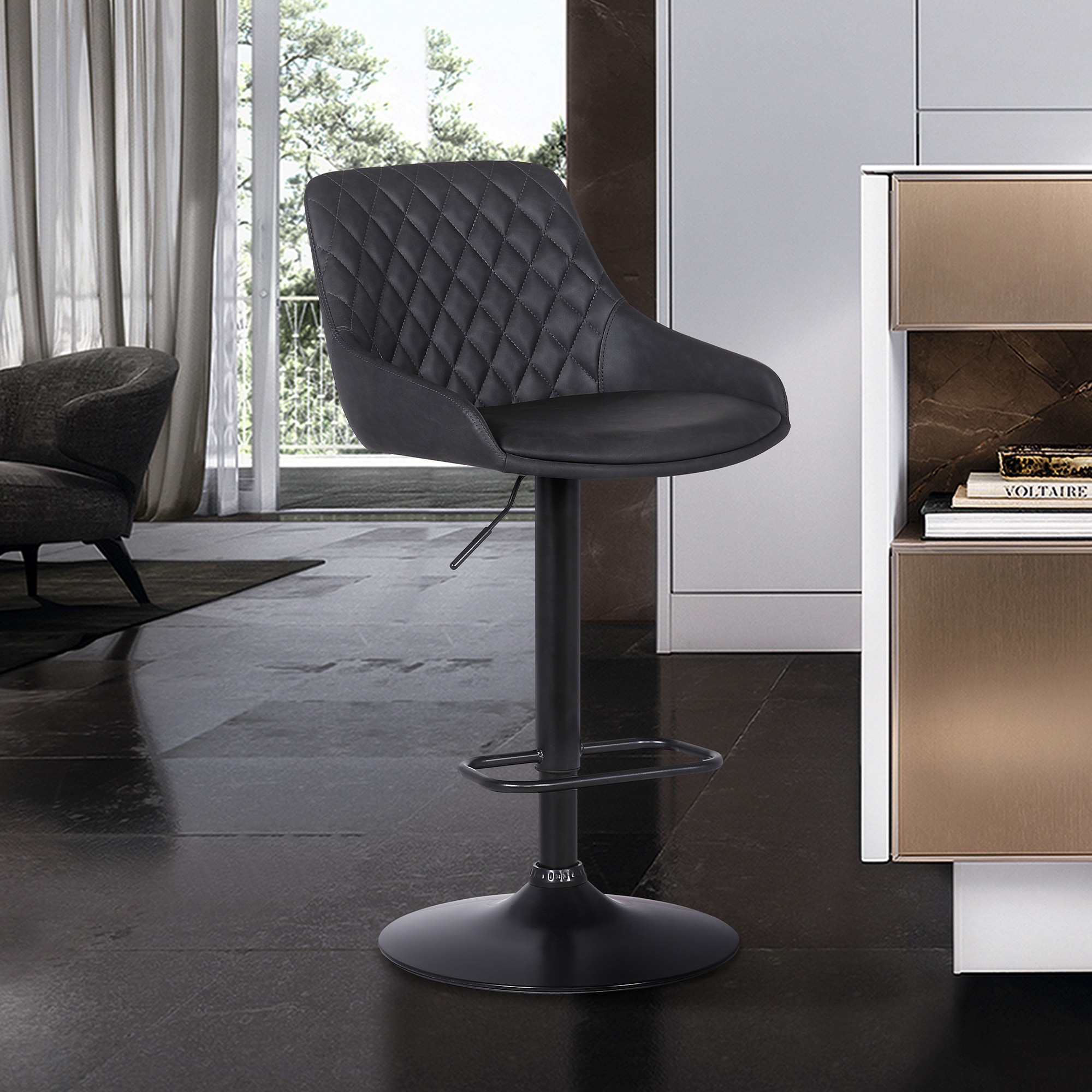 Adjustable Black and Grey Faux Leather Swivel Barstool