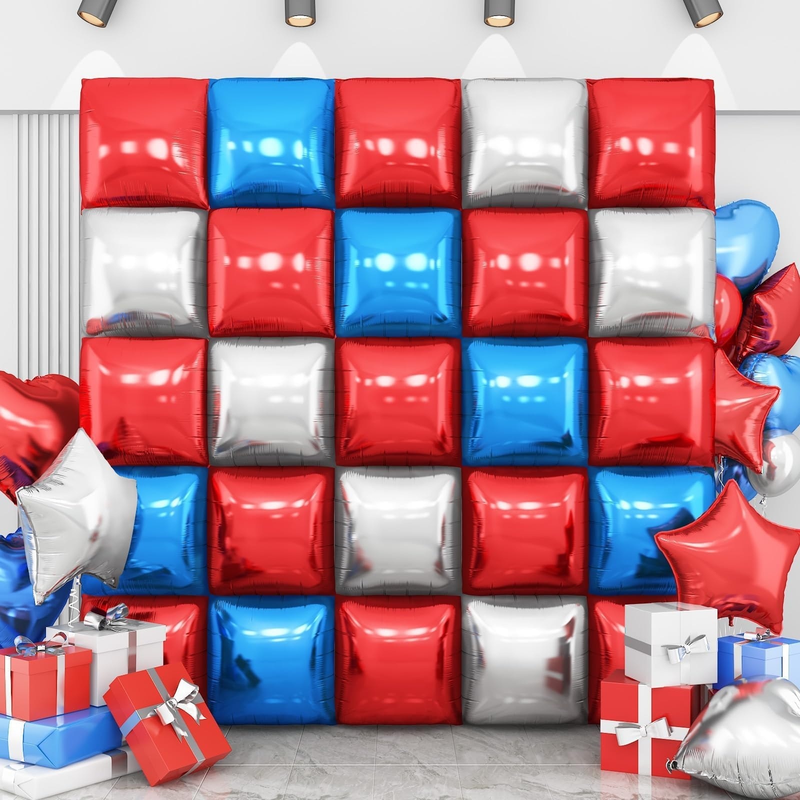 Afoxsos  Red Blue Silver Square Foil Balloon Wall Kit 25pcs Double Sided Balloons Backdrop for 4th of July Patriotic Birthday Anniversary Party
