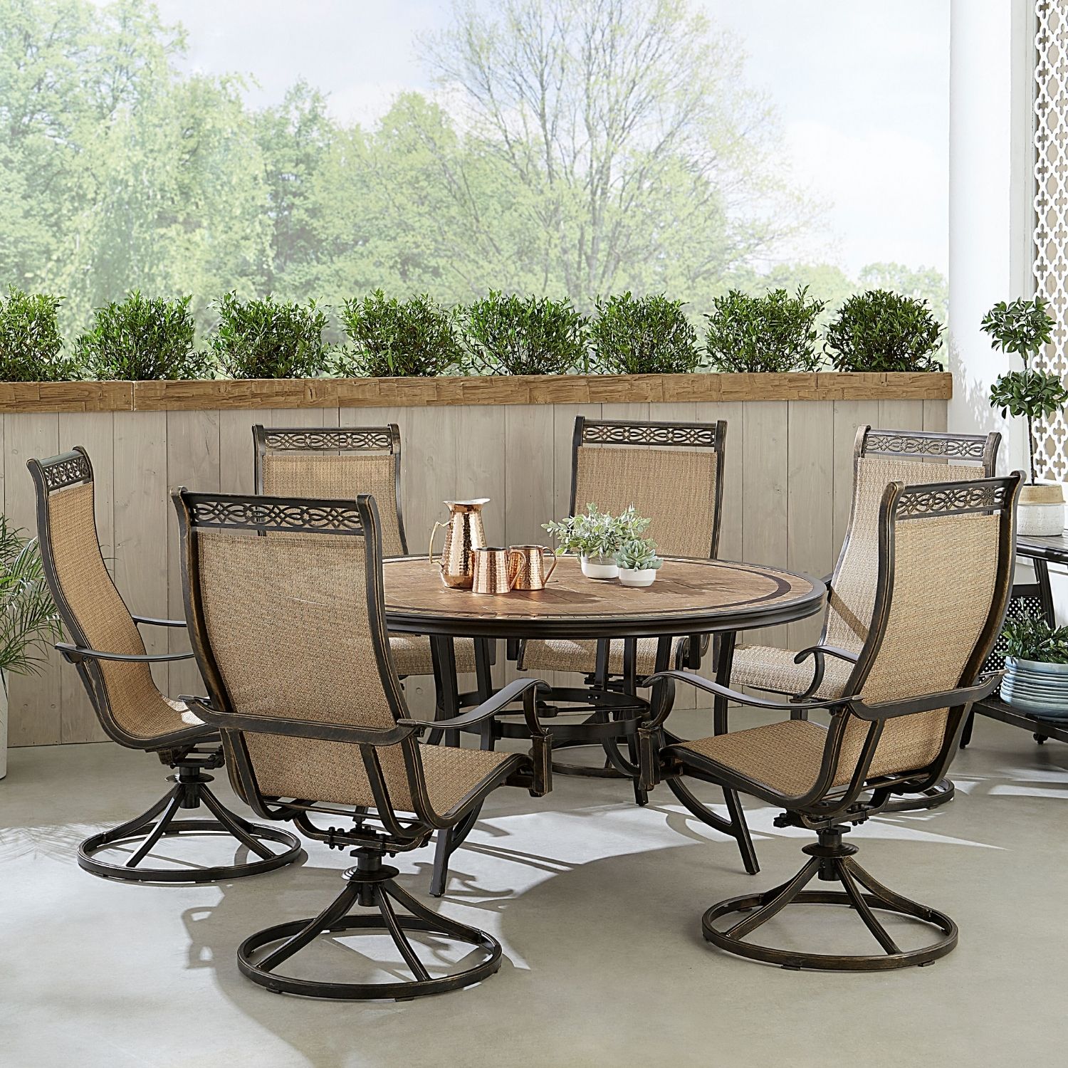 Hanover MONDN7PCSW6RDTL Monaco 7-Piece Bronze Woven Patio Dining Set Aluminum Table with 6 Tan Swivel Rocker Chairs