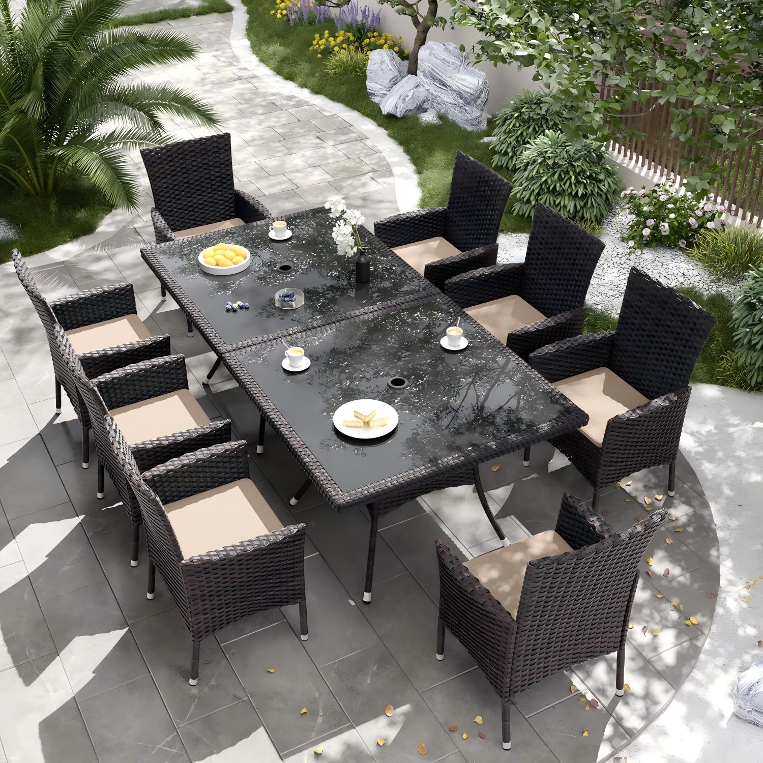 ALAULM LS-DT55-SAND 10 -Piece Brown Wicker Patio Dining Set Wicker Square Table with 8 Brown Cushions Stationary Chairs