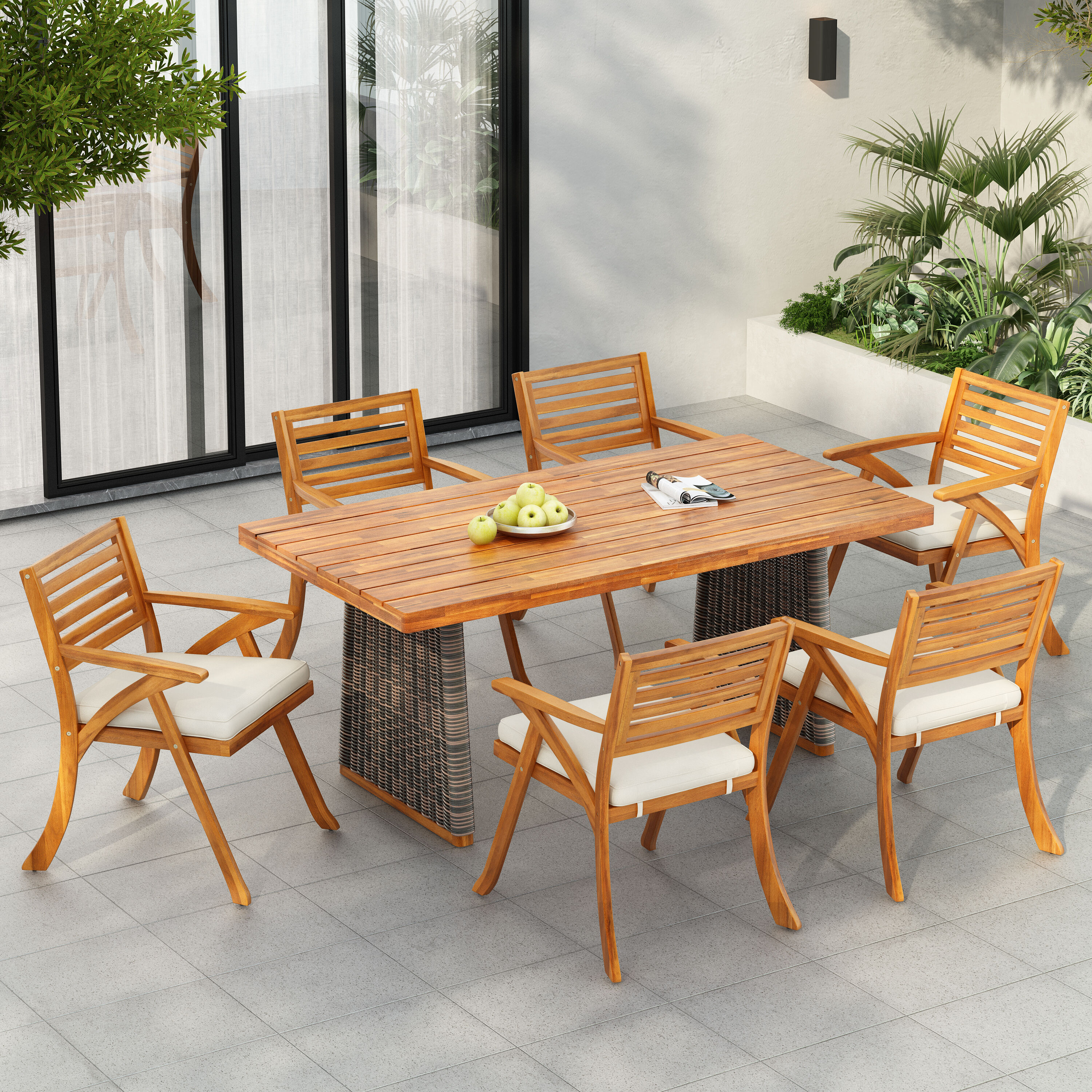Christopher Knight Home 342577 Outdoor Acacia Wood 7 Piece Dining Set with Cushion Teak Grey Beige