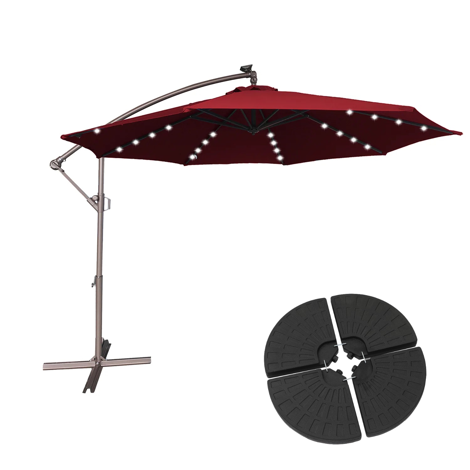 Mondawe LC-NSM011LBE 11-ft Iron Red Crank Offset Patio Umbrella with Lights with Base