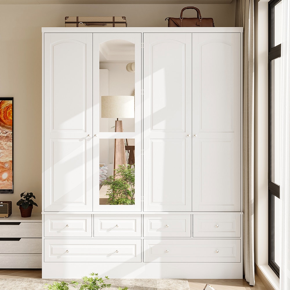 Homsee  4-Door Modern Wardrobe Armoire with Mirror Door Drawers Hanging Rods and Adjustable Shelves 63''L x 19.7''W x 78.7''H White