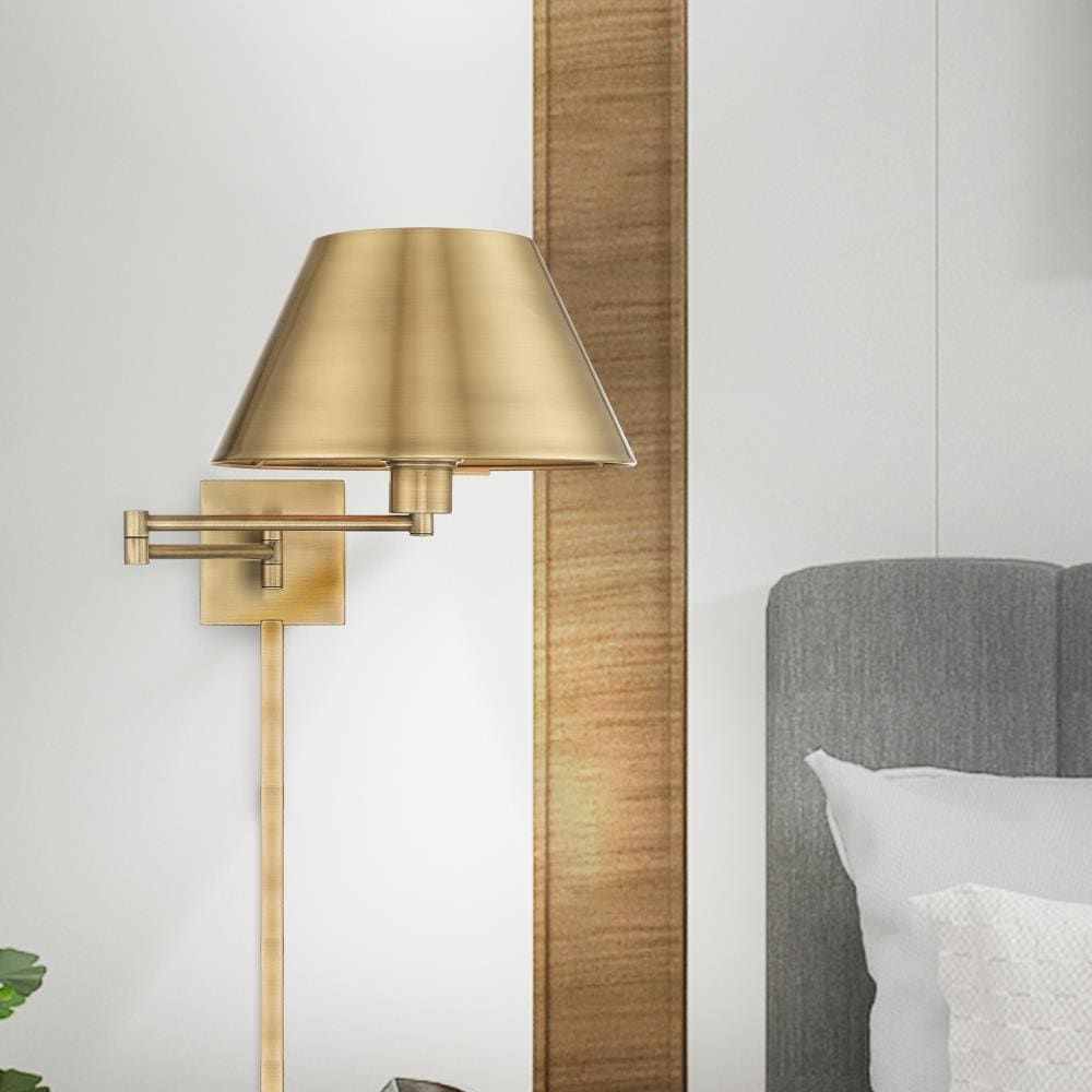 Antique Brass Swing Arm Wall Lamp with Satin Shade