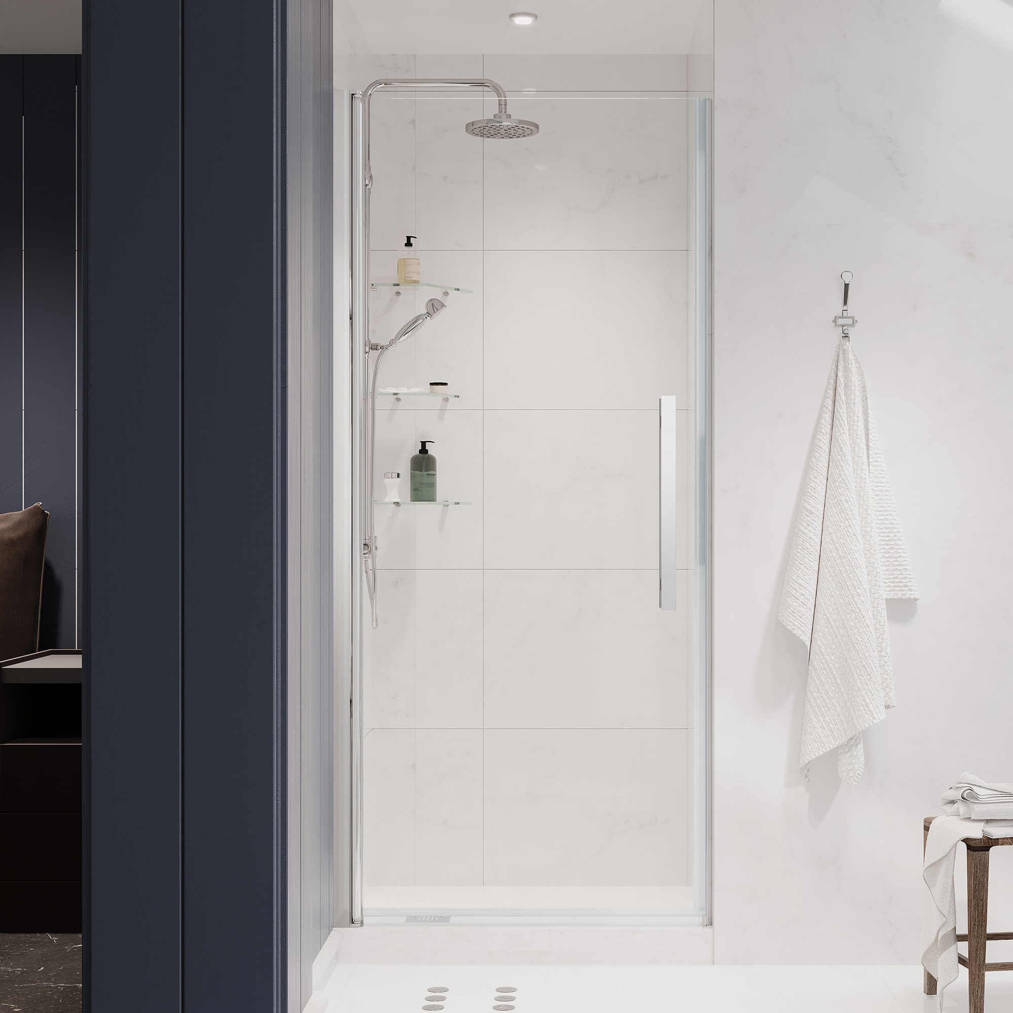 OVE Decors 828796065436 Pasadena Polished chrome 28-in to 29-3/8-in W x 72-Inches H Frameless Pivot Shower door 5/16-in Thick Clear Glass
