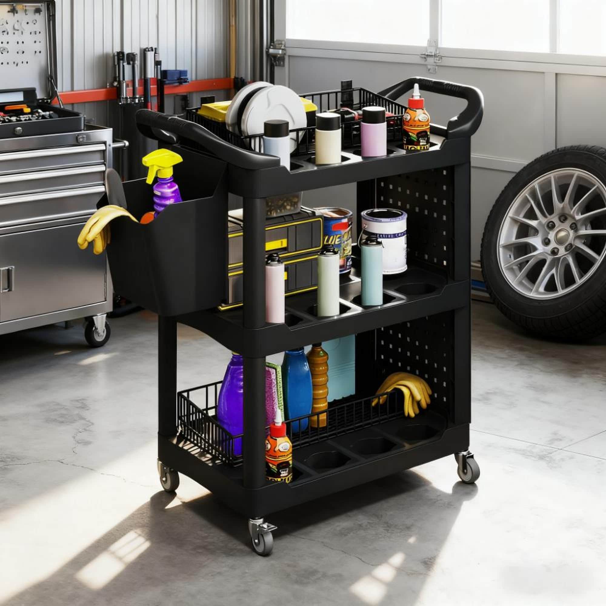 HyperDrop Cart 3 Tier Plastic Rolling Tool Cart with Side Shelf and Storage Bucket
