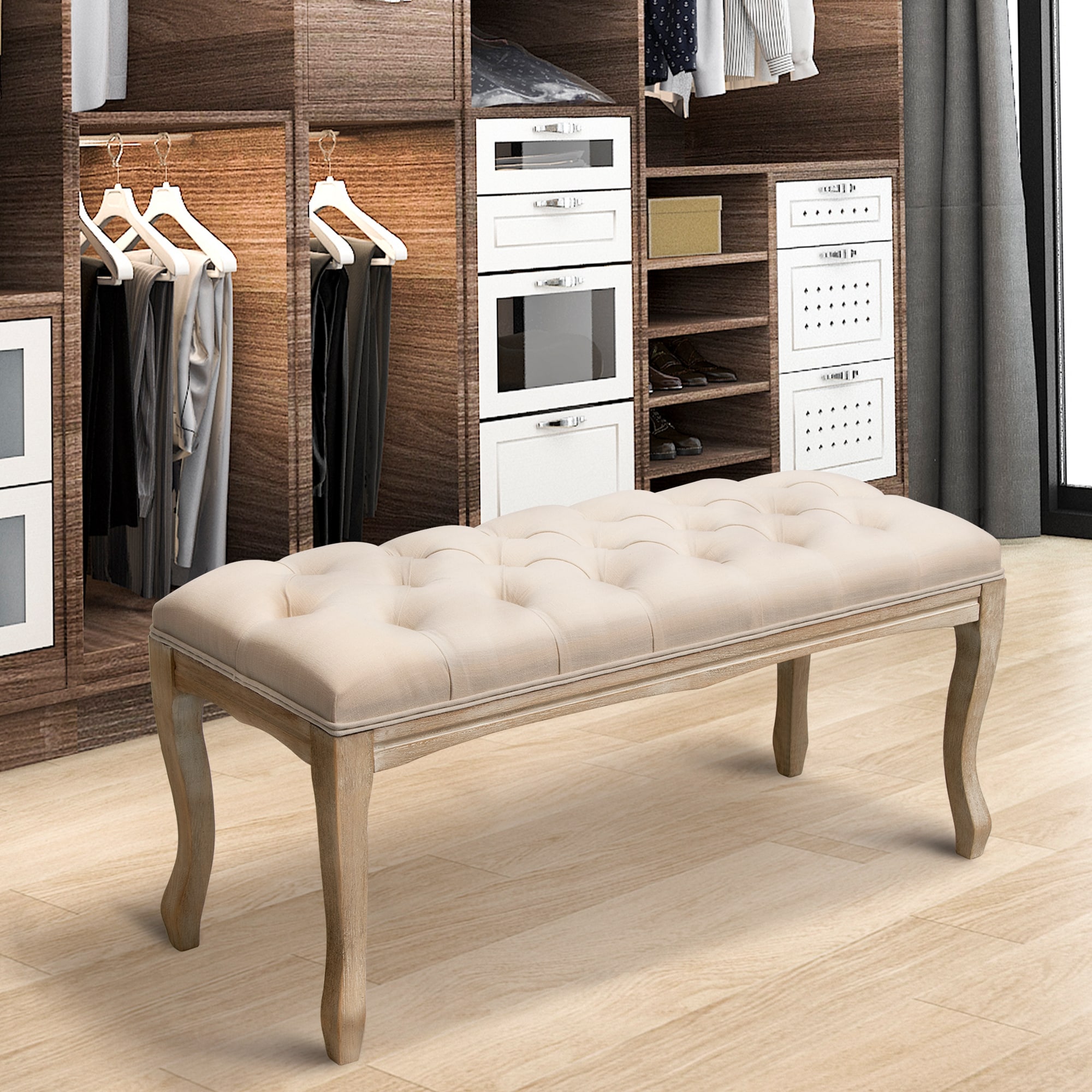 Mid-Century Tufted Beige Linen Upholstered Bed Bench