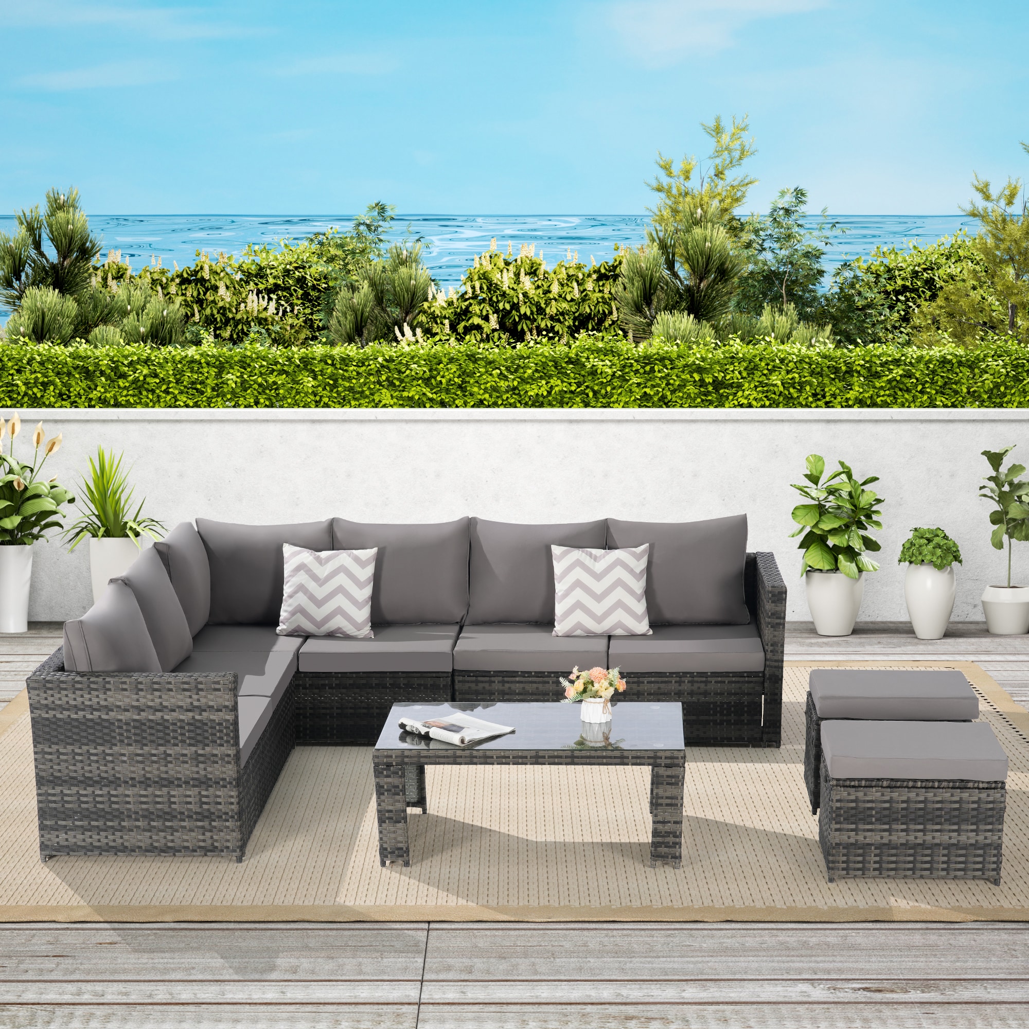 Forclover MONMTM13GY Outdoor Wicker Furniture Set 6 -Piece Wicker Patio Conversation Set with Gray Cushions