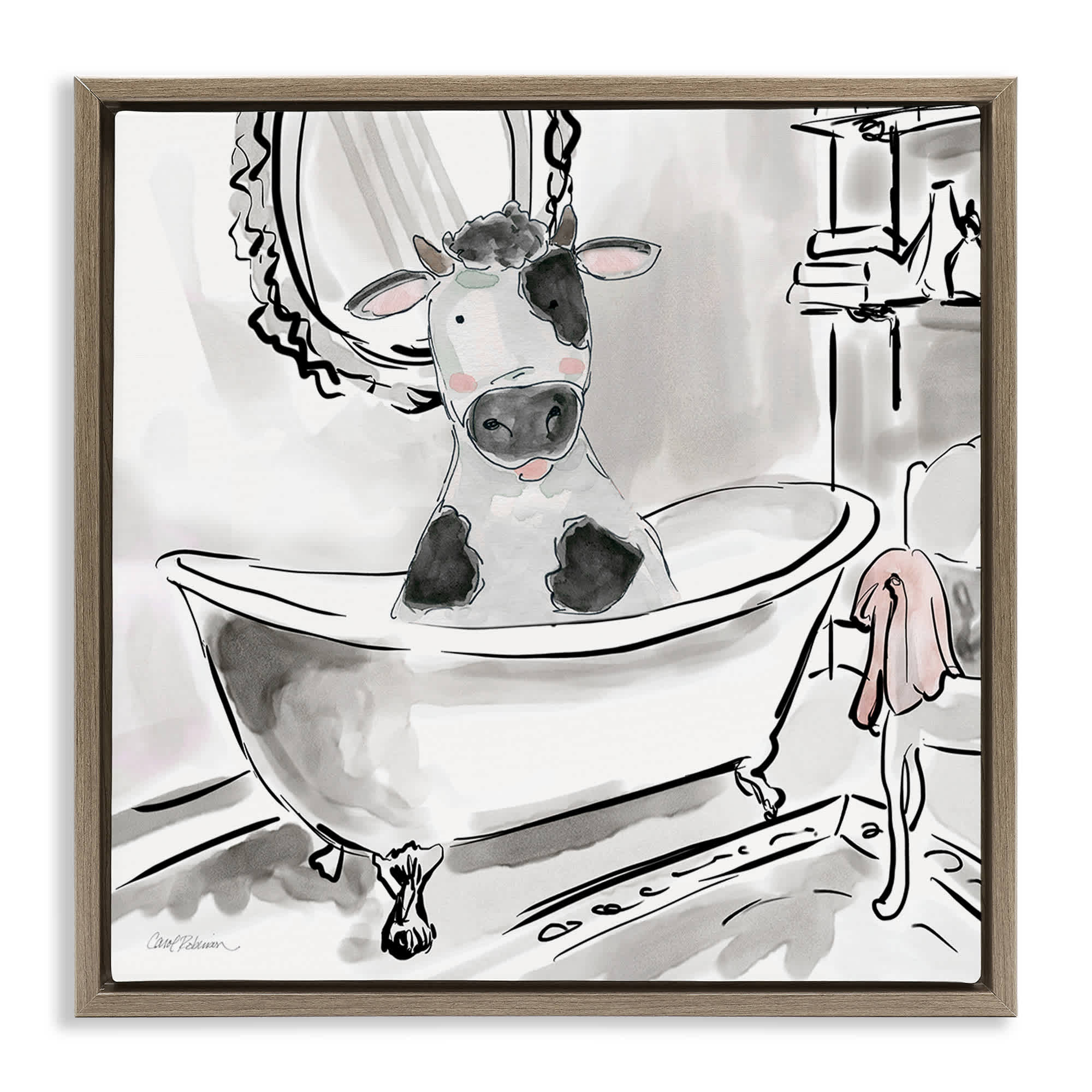 Stupell Industries BT-960-FFE-17X17 Minimal Bathtub Cow Brown Framed Floater Canvas Wall Art By Carol Robinson 18 x 18