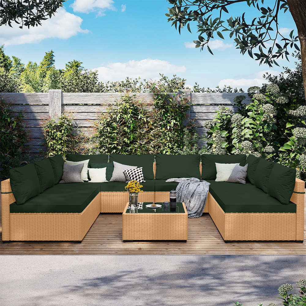 UPHA TBDK-9-QIANHUI 9 -Piece Wicker Patio Conversation Set with Green Cushions