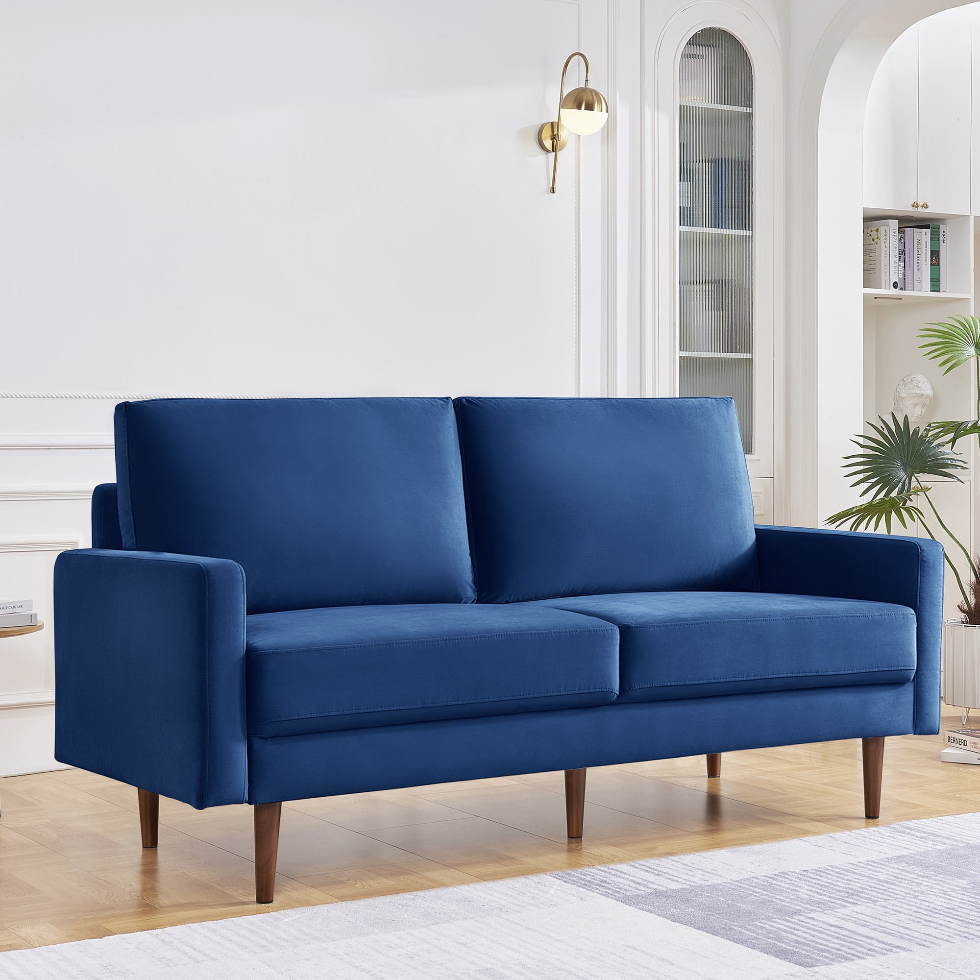 69 Inch Blue Velvet Sofa with Removable Cushions and Wood Legs