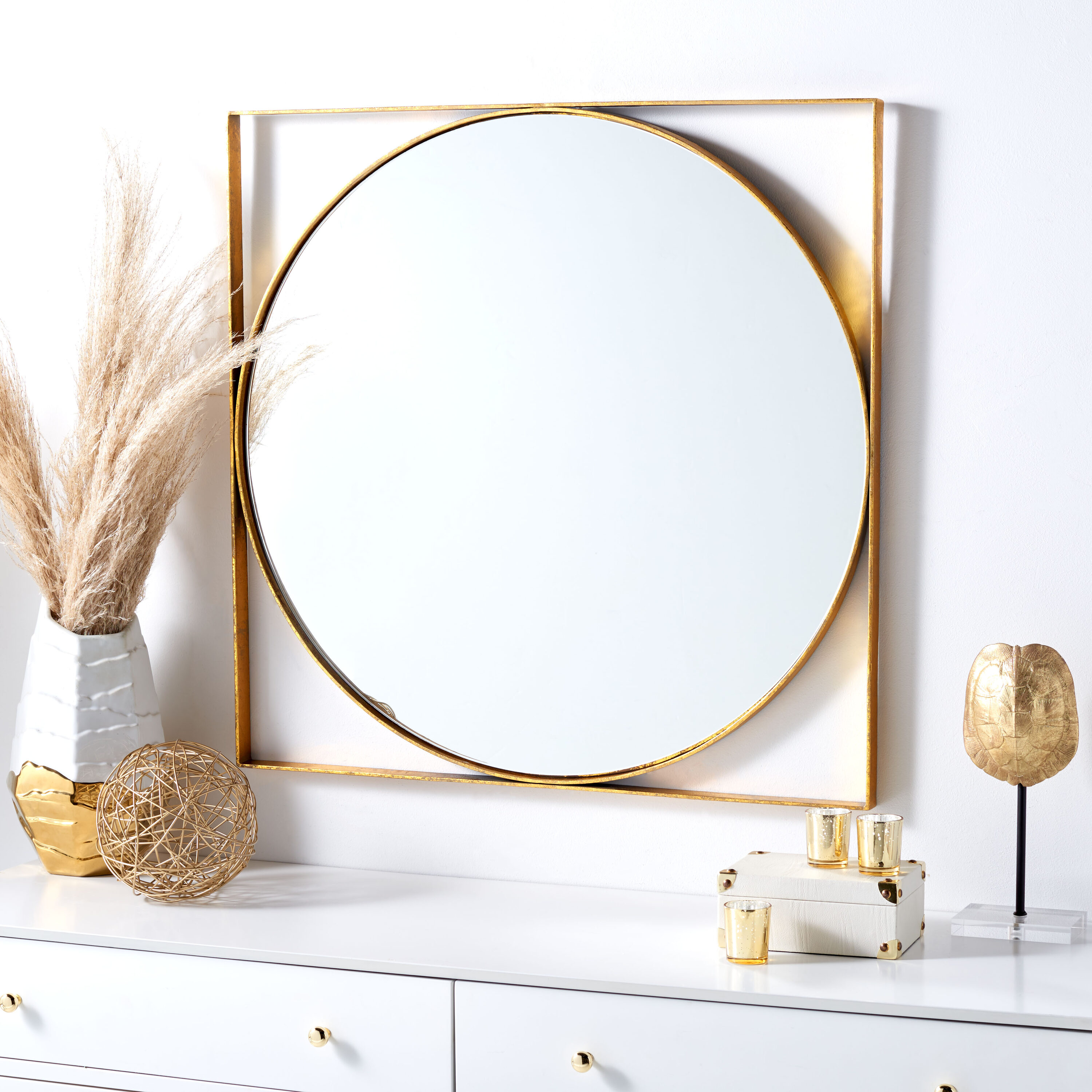 32" Geometric Round Wood Mirror with Gold Foil Accent