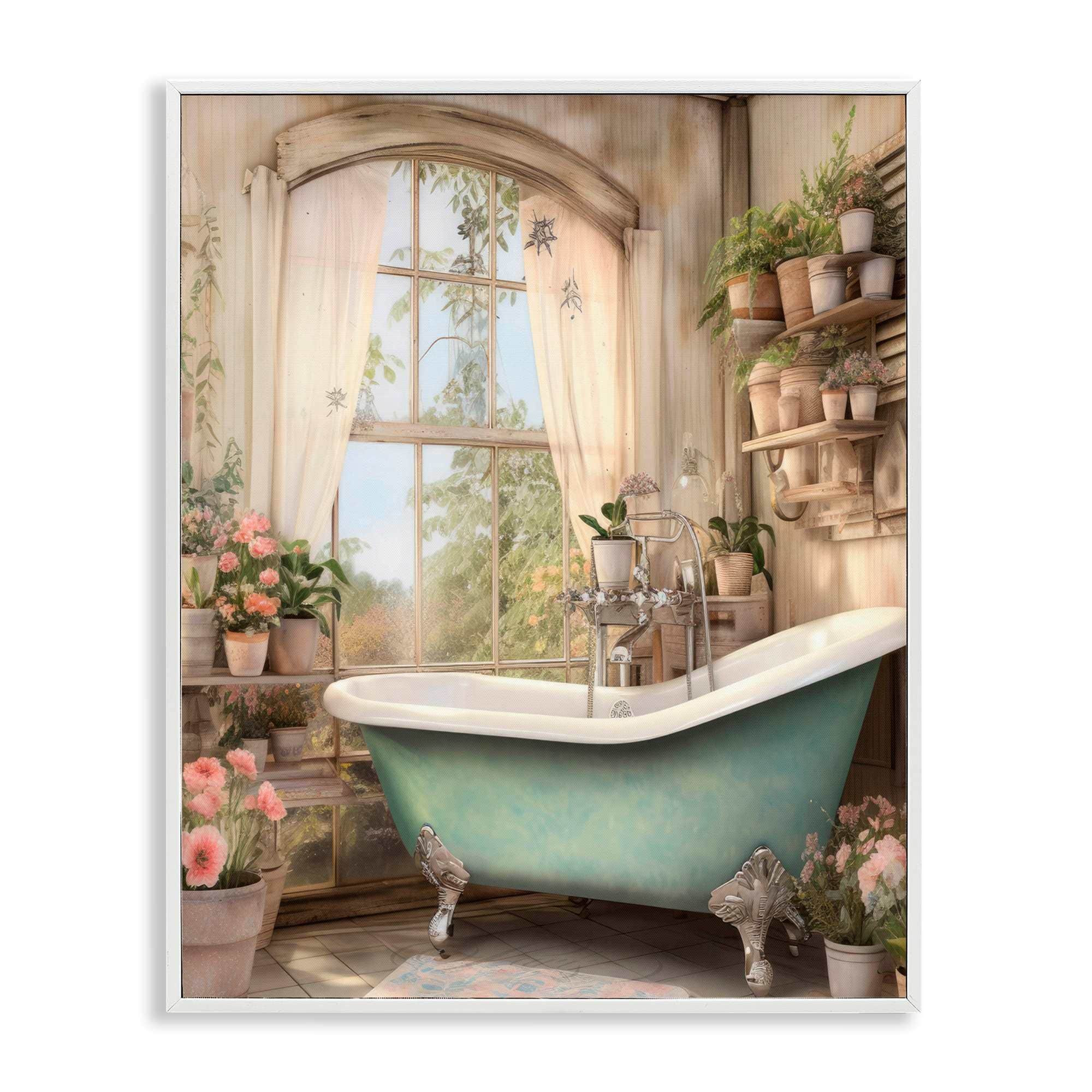 Stupell Industries Bathroom with Floral Filled Shelves White Framed Giclee Art 16 x 20