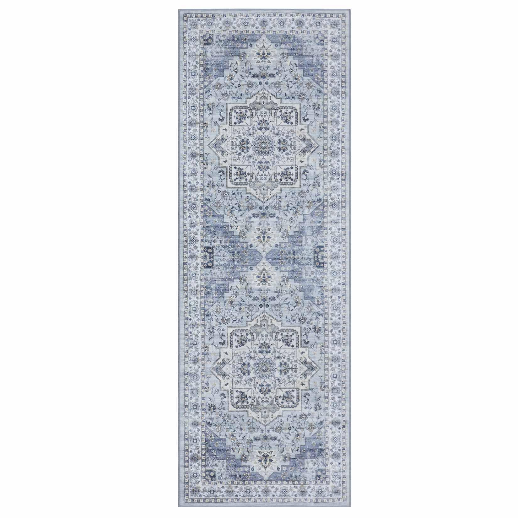 Qeetex LSN-PHO-34Q7FXMC 2 x 6 ft Polyester Cashmere Imitation Blue Rectangular Hallway Bathroom Entryway Kitchen Office Foldable Flower Printed Persian Washable Area Rug