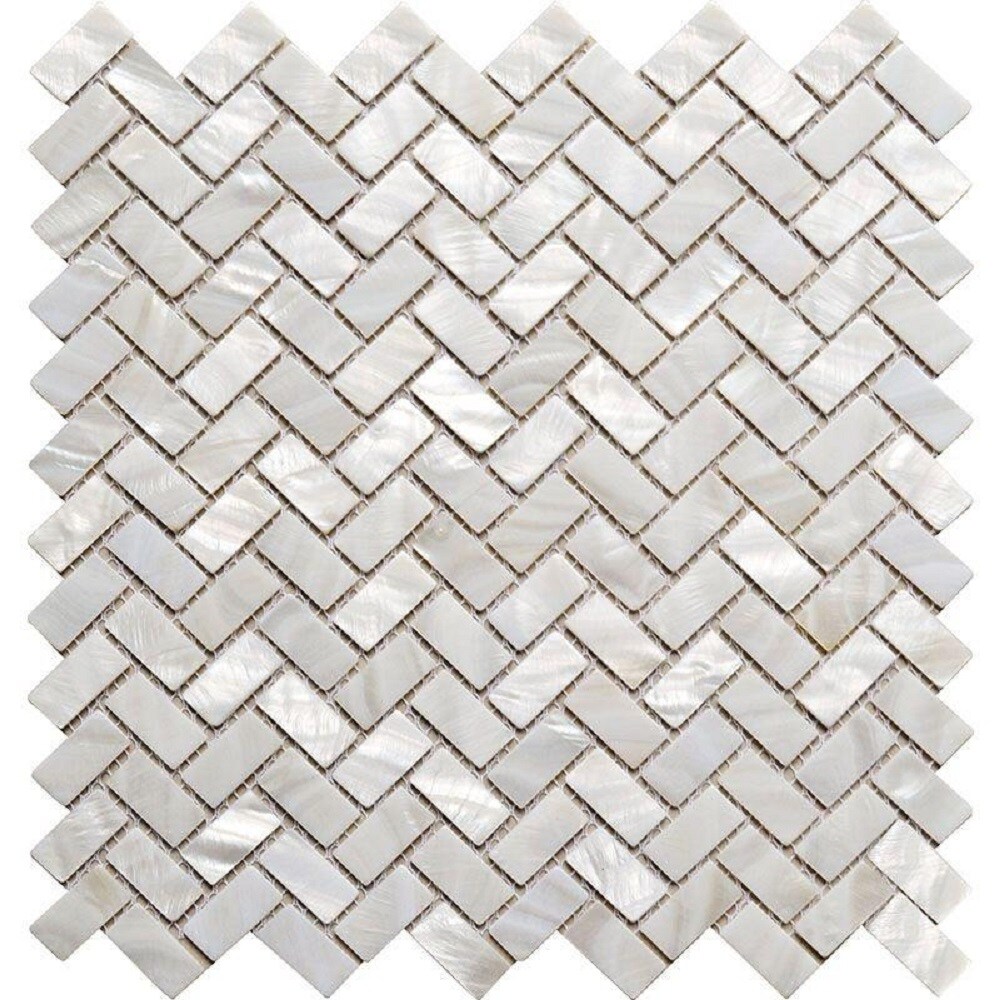 11.2" White Polished Shell Herringbone Mosaic Tile