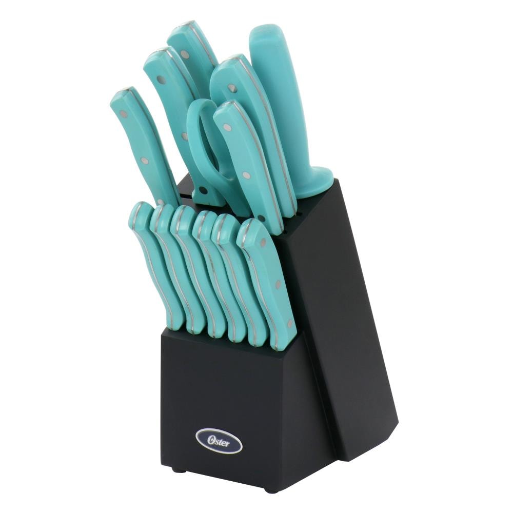 Oster Evansville 14 Piece Cutlery Set, Stainless Steel with Turquoise  Handles 