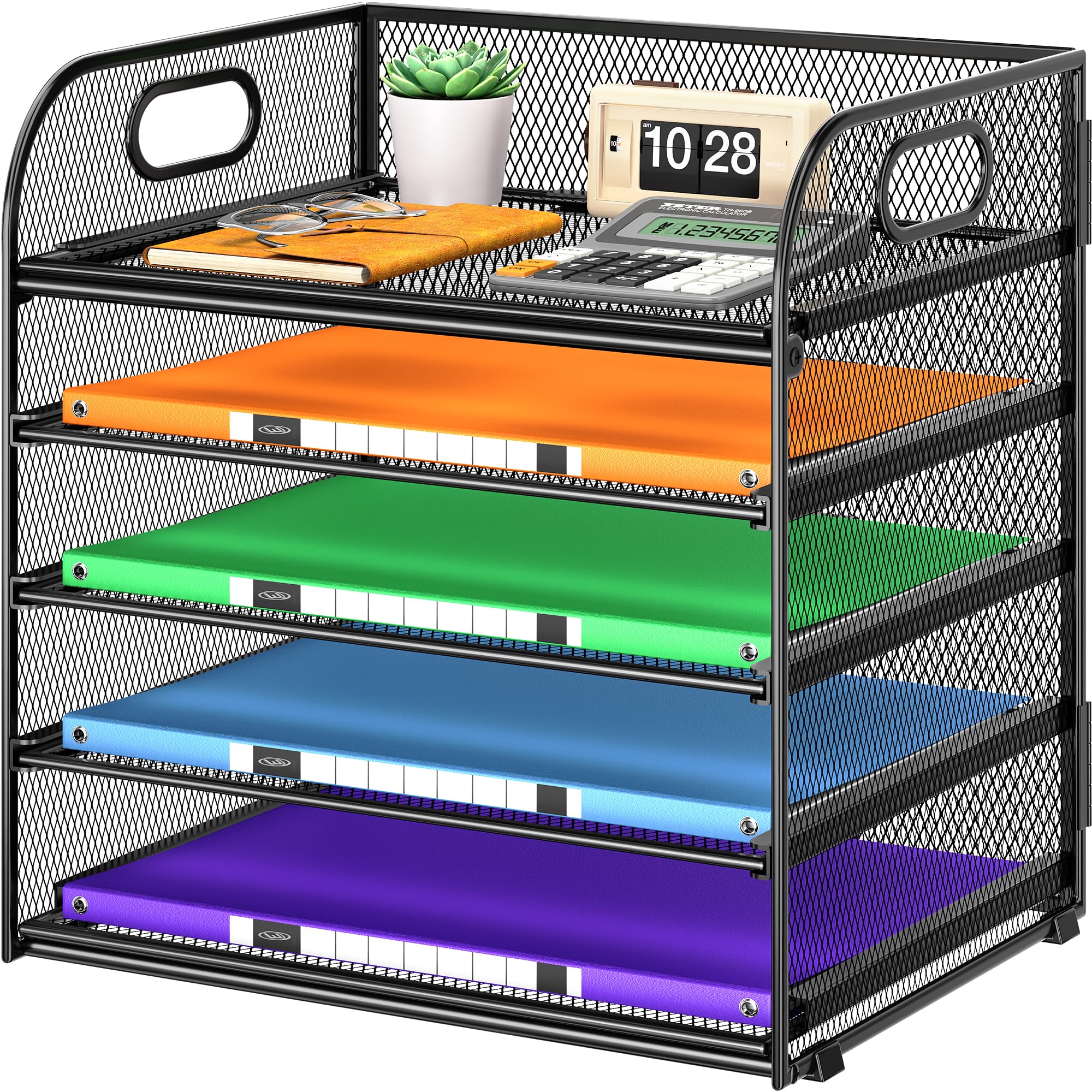 Etokfoks  Black 5 Tier Metal Mesh Desk Organizer with Handle 5 in x 11 22 in File Folder Paper Letter Tray