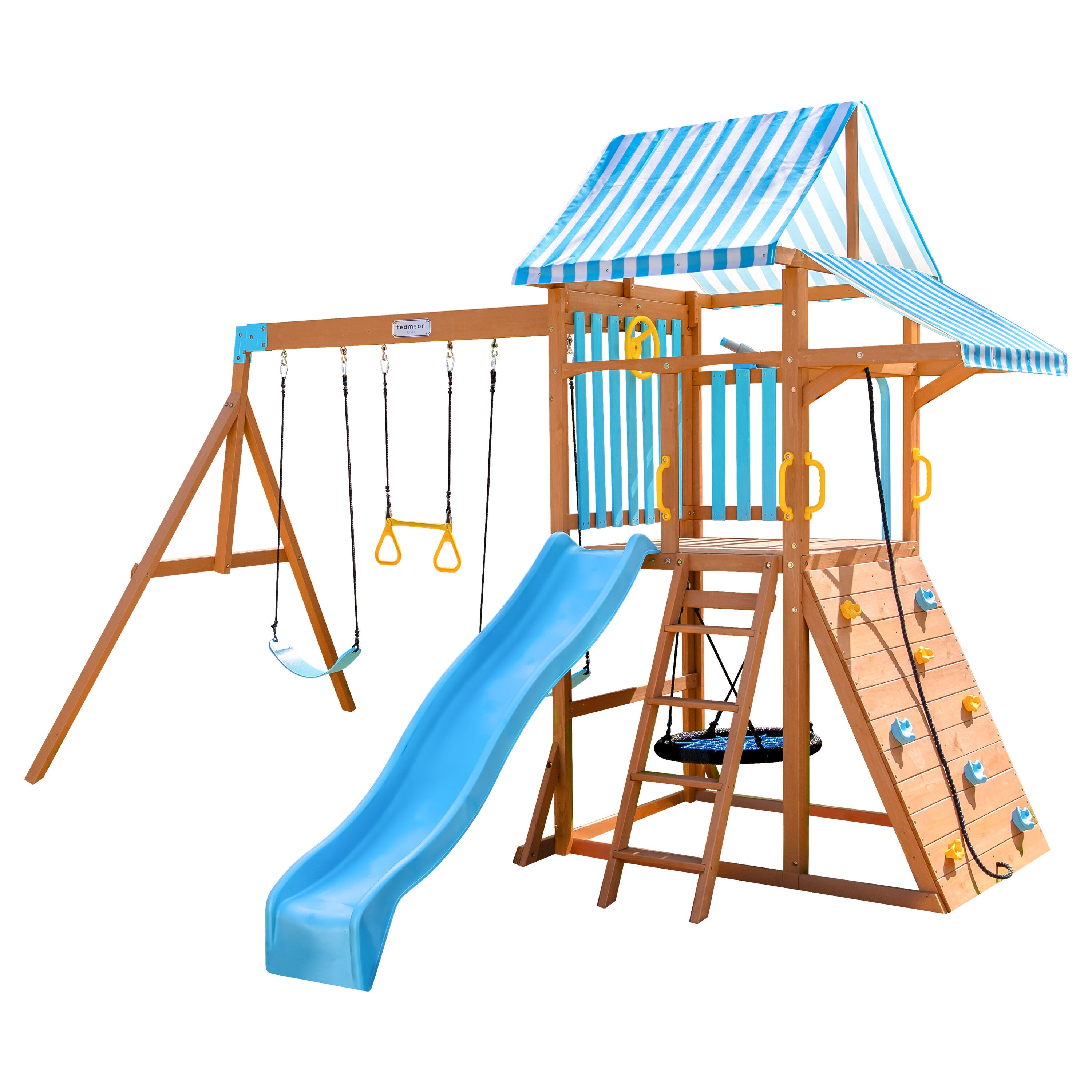 Teamson Kids SwingScape Residential Wood Swing set with 4 Swings and Slide Included #T-OD-0069-00G