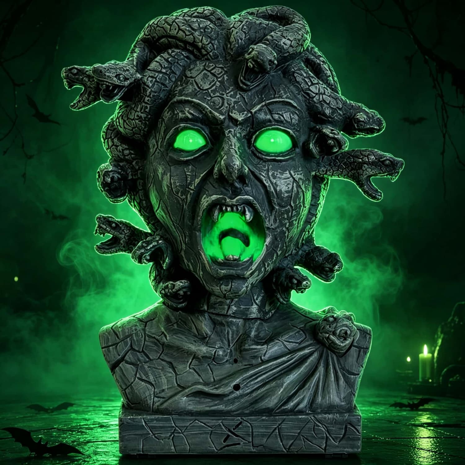 OGETFUUR 12-inch Animated Medusa Head with Glowing Green Eyes and Creepy Sound Effects and Motion and Sound Activated Halloween Animatronics for Haunted House Battery Not Included