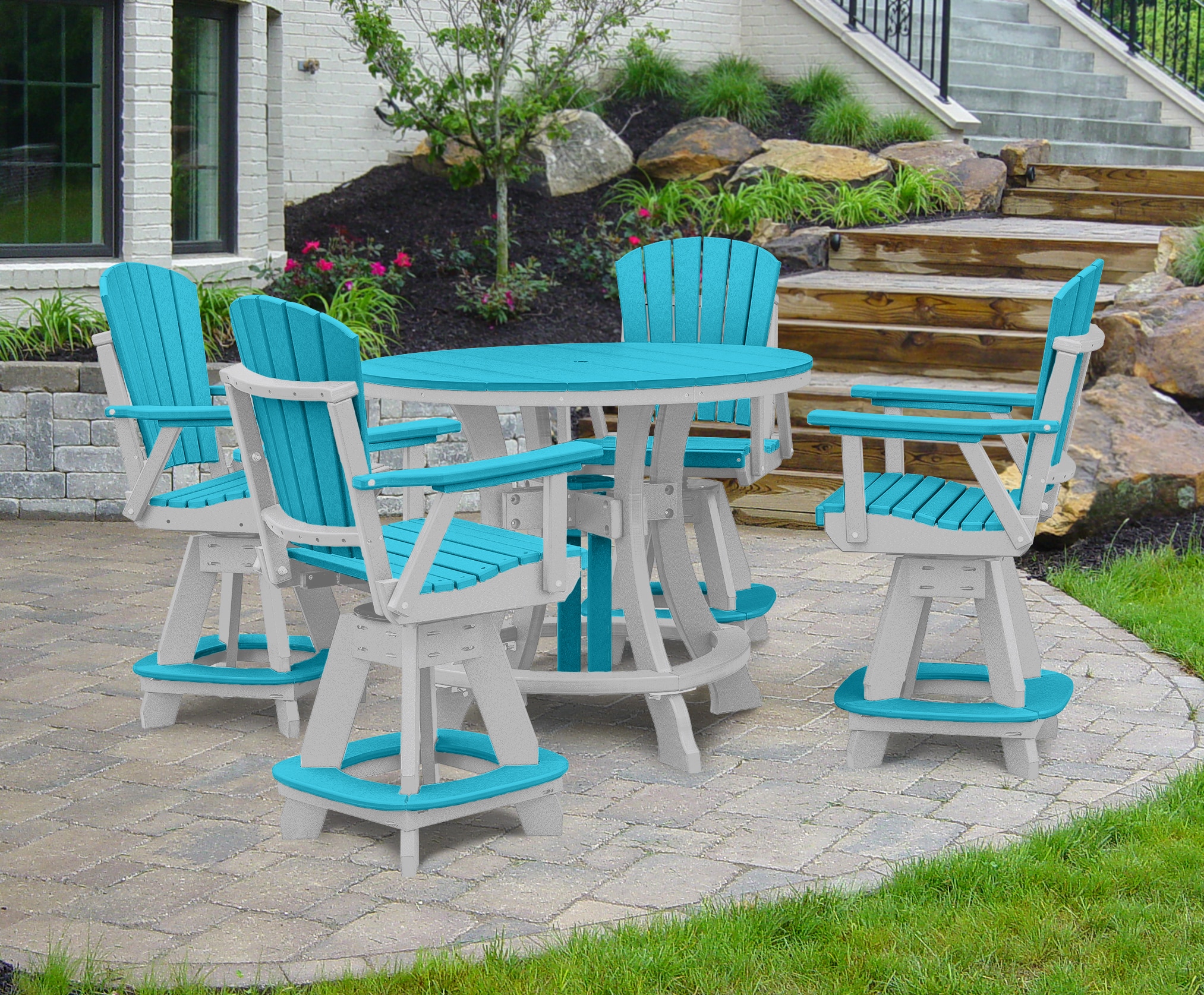 American Furniture Classics CR130ARW-K Amish HDPE 5 -Piece White Bar Height Patio Dining Set Plastic Round Table with 4 Swivel Chairs