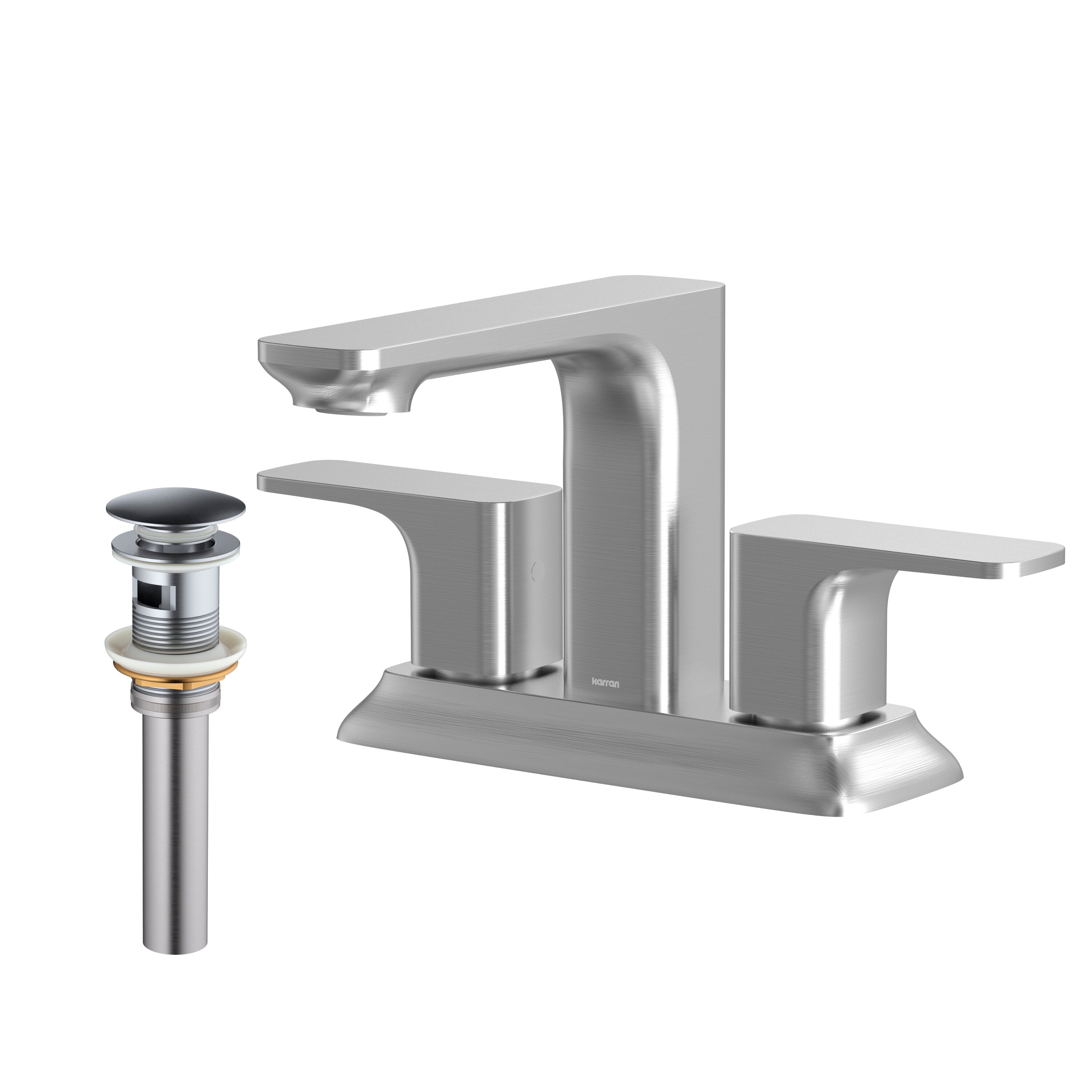 Karran KBF516SS Venda Stainless Steel 4-in centerset 2-handle WaterSense Low-arc Residential Handle Bathroom Sink Faucet with Drain