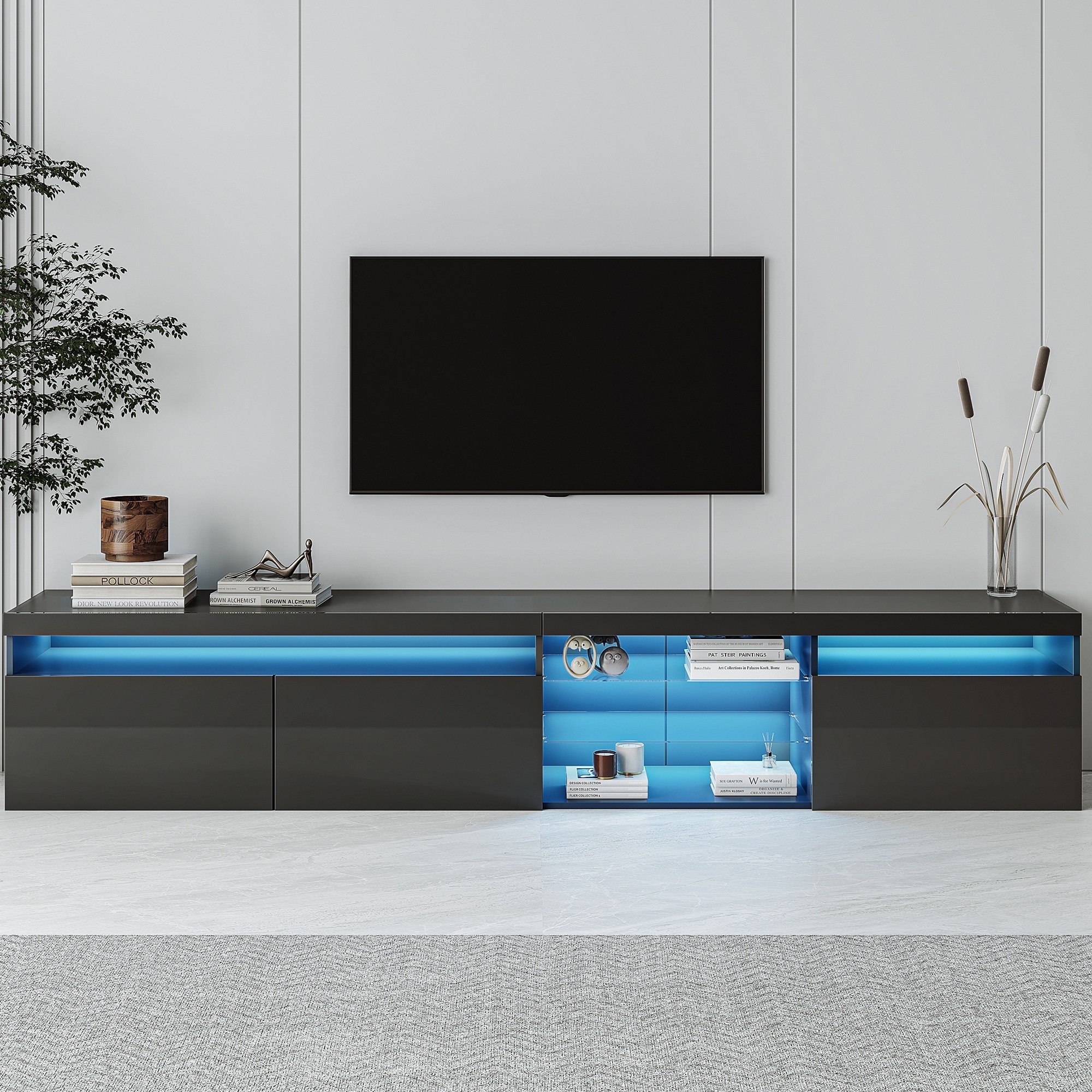 Horizons Prime 95 inch Black Particle Board TV Stand with 2 Glass ...