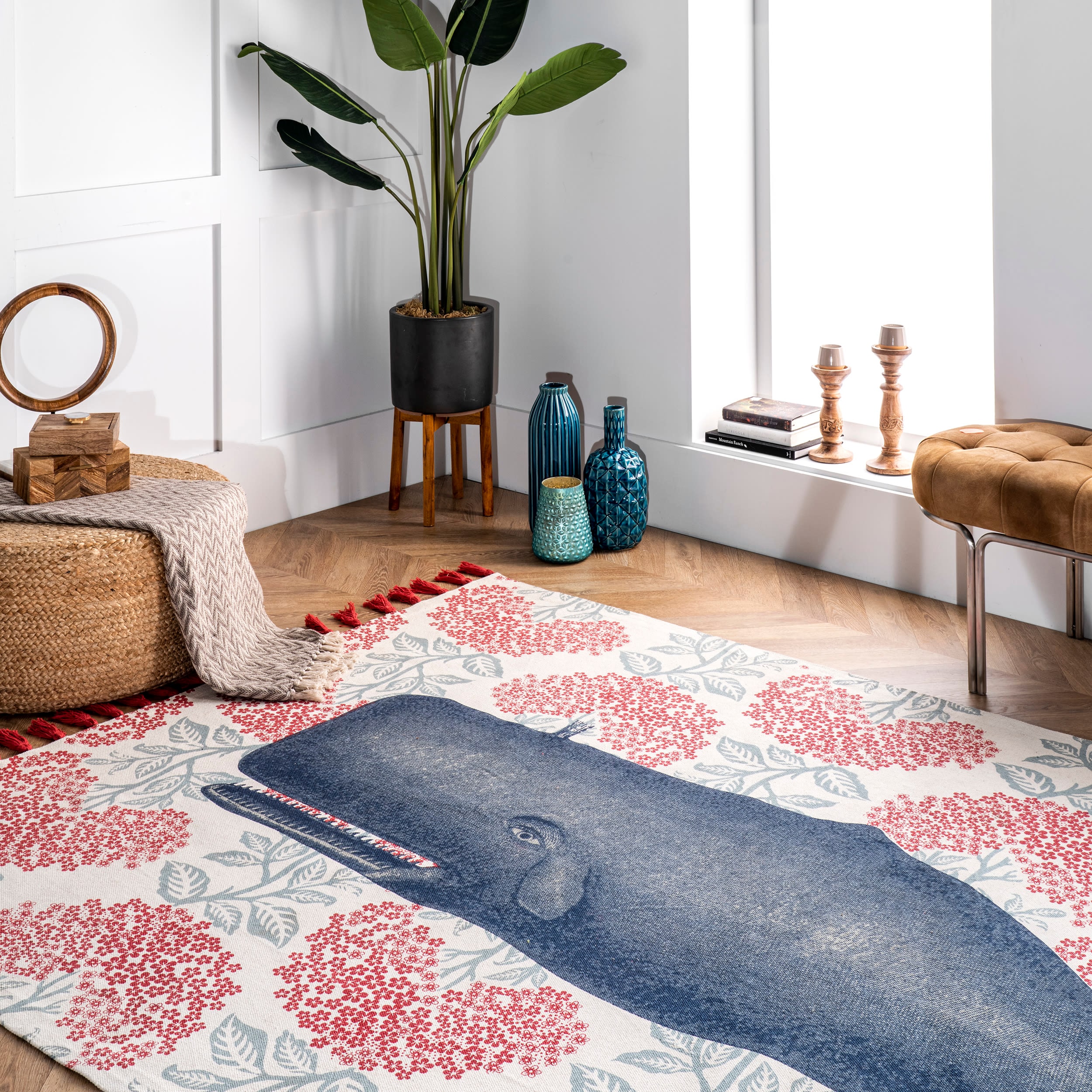 Coastal Charm Red Cotton Flatweave Whale Area Rug, 3' x 5'