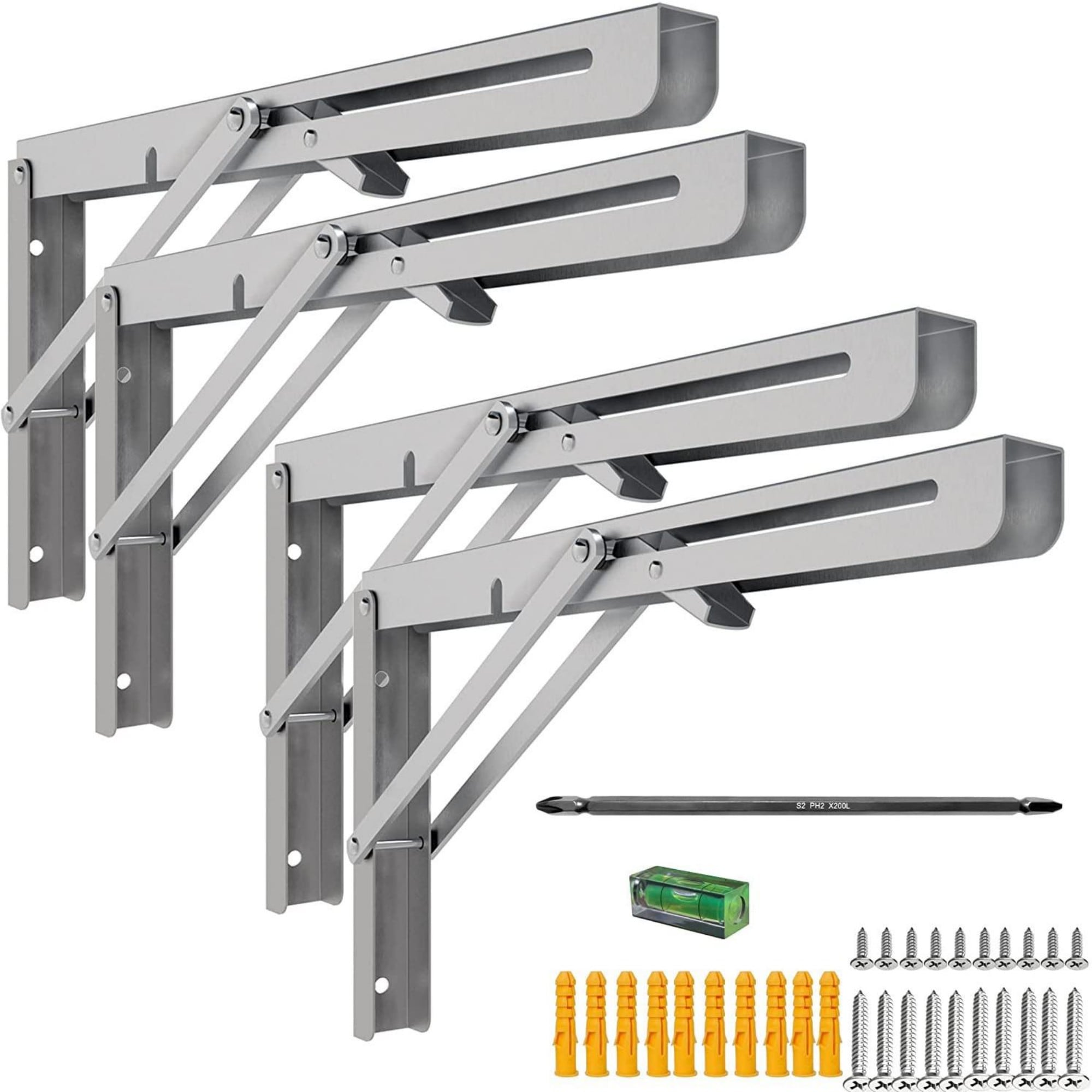 Numhew 16in L 6.9in H 4-Pack Folding Shelf Brackets Silver Heavy Duty Stainless Steel Collapsible Wall Mounted L Shelf Bracket