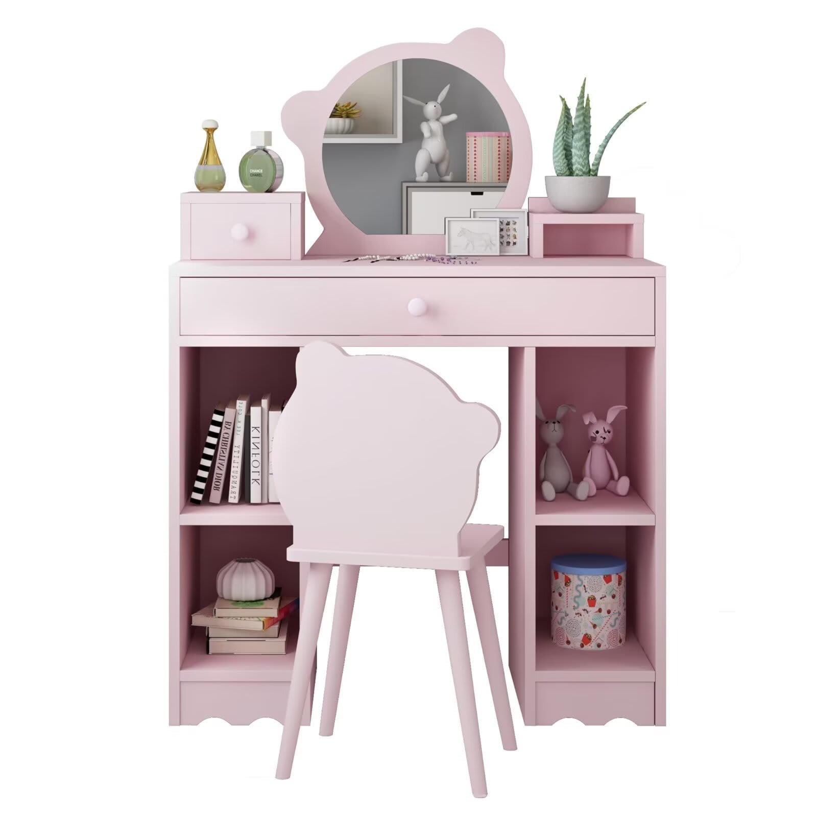 Qeetex JXNAG-PHO-11WCKQUM Kids Vanity 2 in 1 Princess Makeup Desk and Chair Set with Drawers Storage Shelves Toddler Dressing Table Pretend Play Vanity Set for Little Girls-Pink