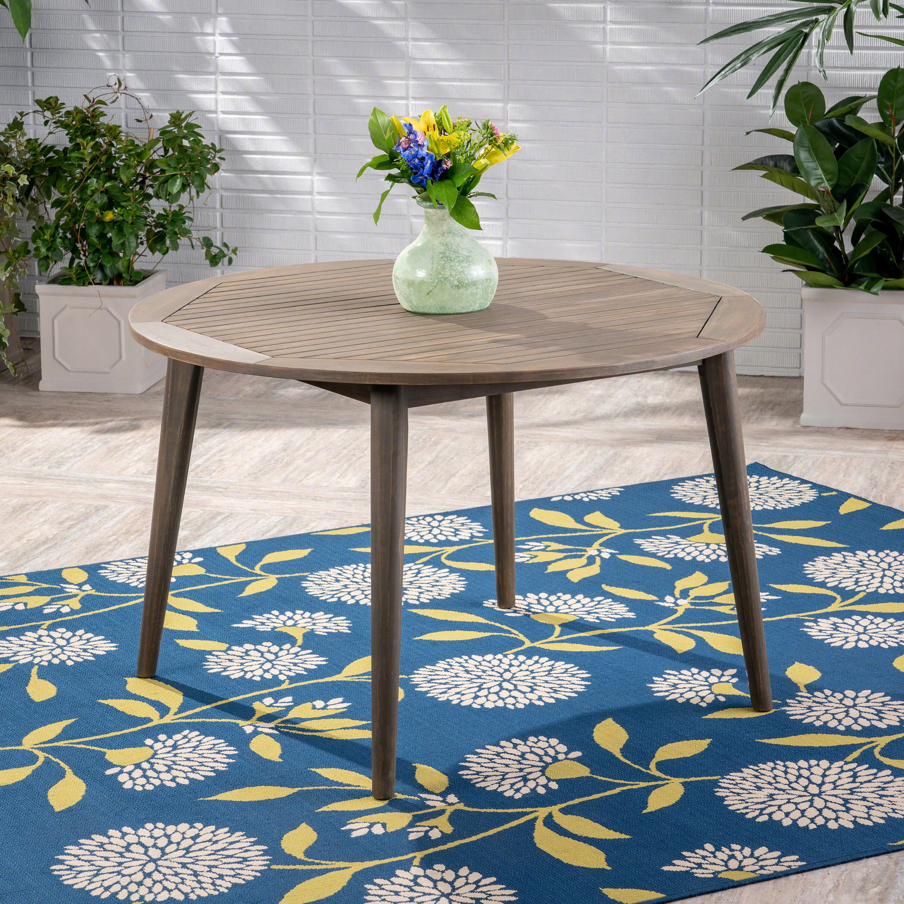 Gray Acacia Wood Round Outdoor Dining Table for 4