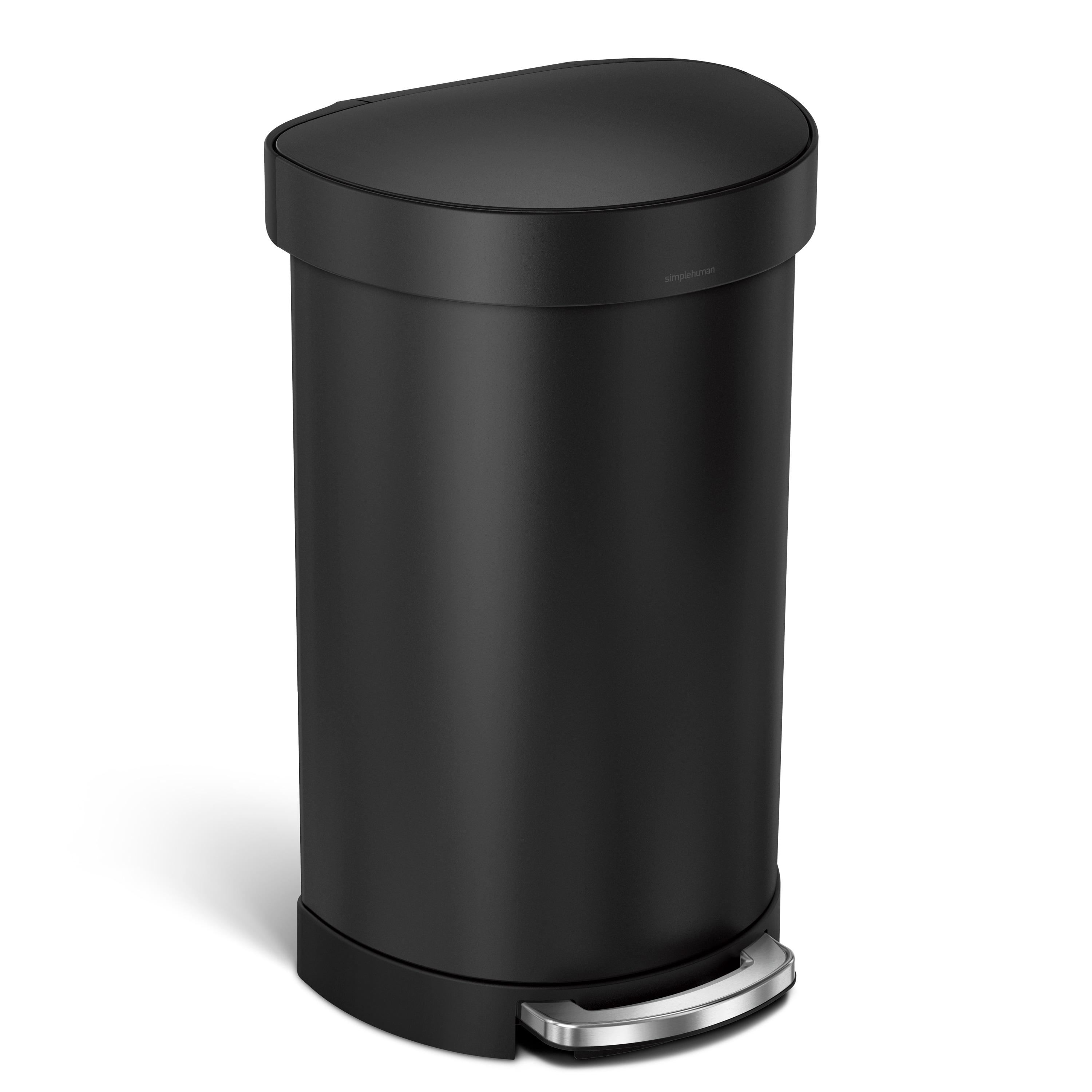 simplehuman CW2099 Semi-Round Liner Rim Can, 45 Liter Matte Black Steel Indoor Kitchen Step Trash Can
