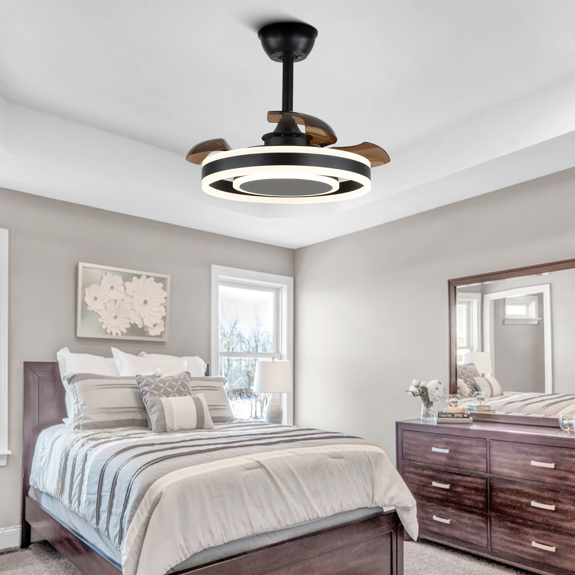 22-Inch Black Modern Ceiling Fan with Clear Blades and LED Light