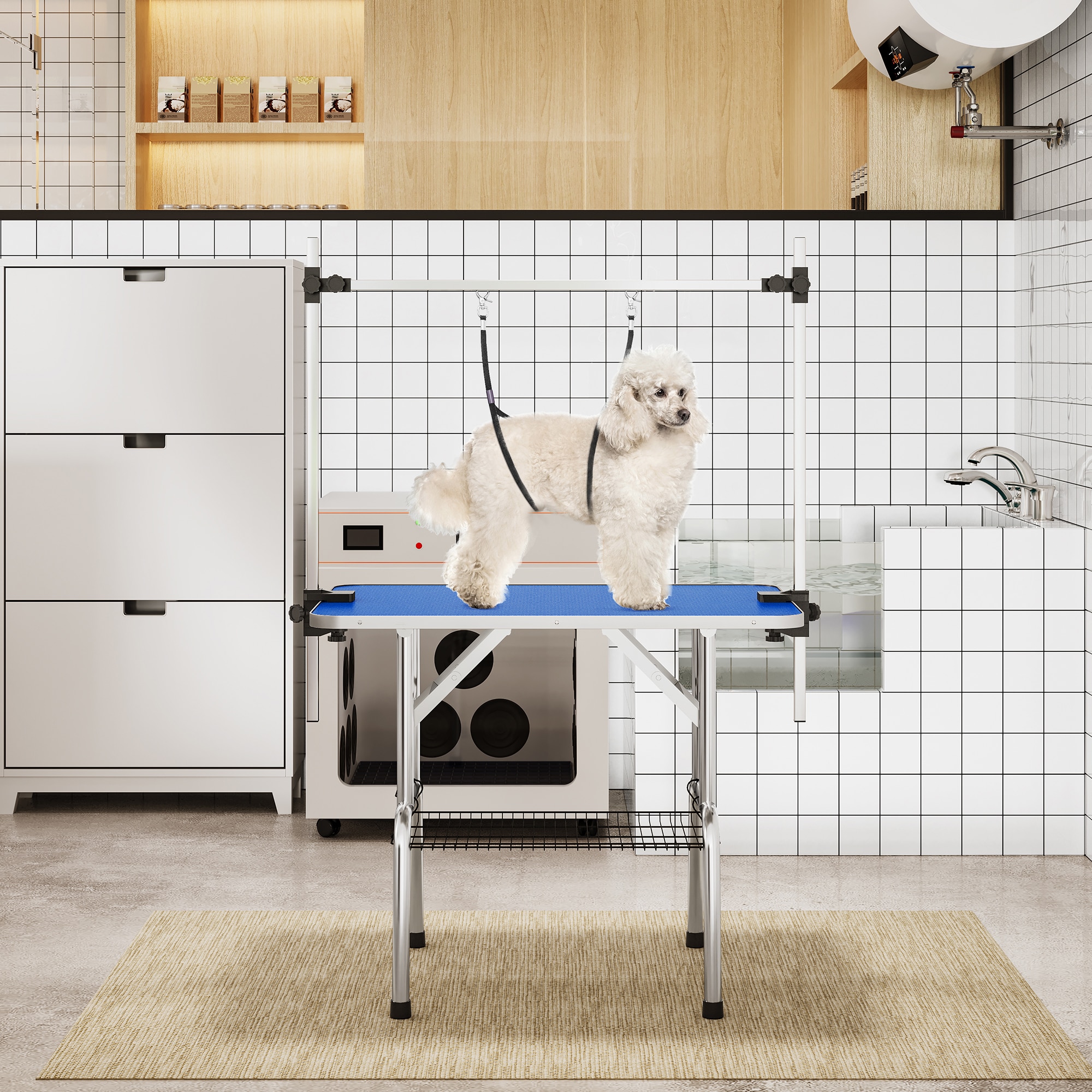 LOVMOR Y-DGT-42BL-4F03 42 in. Foldable Dog Grooming Table with Adjustable Height Arm for Home Pet Bathing in Blue