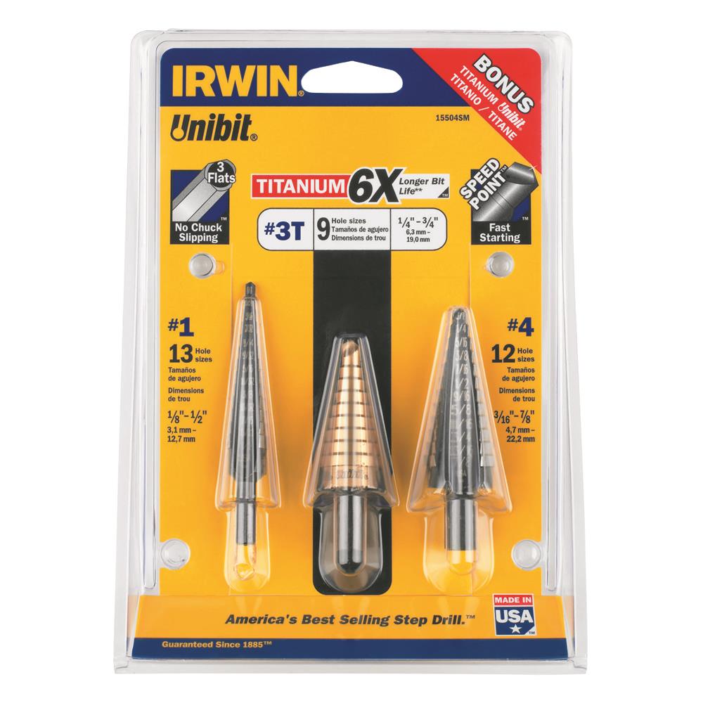 IRWIN 15504PKSM UNIBIT 3-PC STEP BIT SET #1 #3 #4