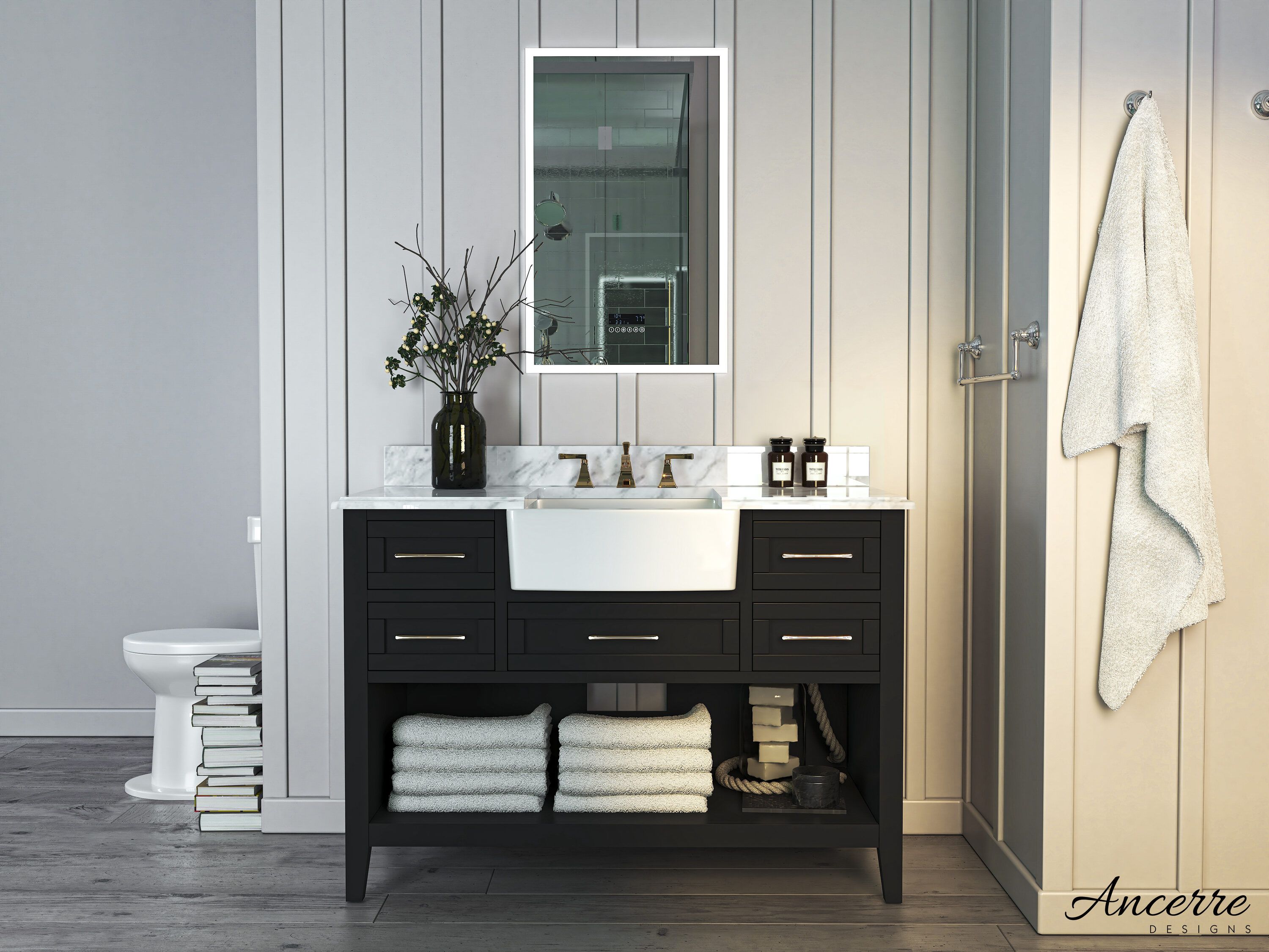 Ancerre Designs VTS-HAYLEY-48-BO-CW Hayley 48-in Black Onyx Farmhouse Single sink Bathroom Vanity with Italian Carrara White Marble Marble Top