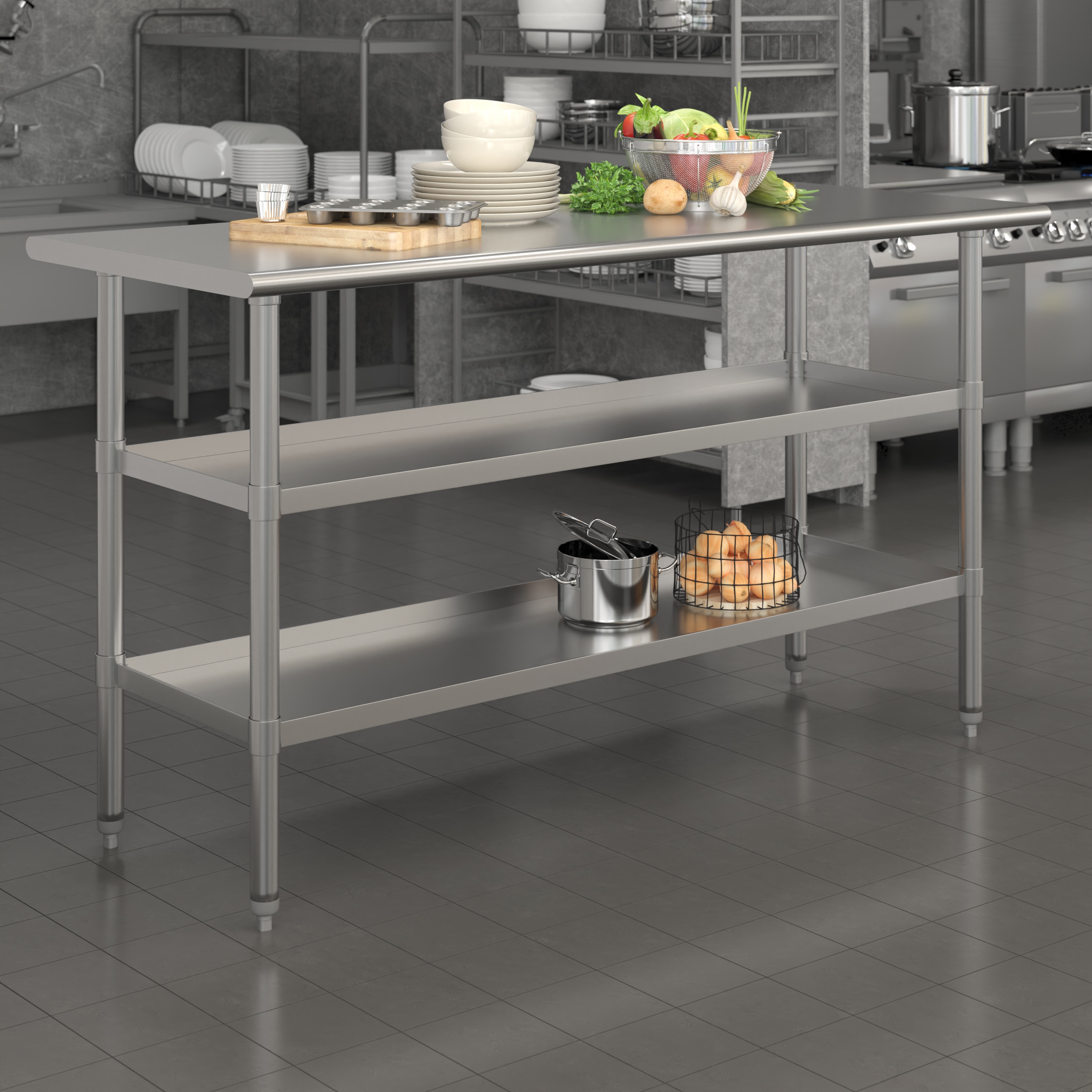 Silver Stainless Steel Kitchen Work Table with Adjustable Shelves