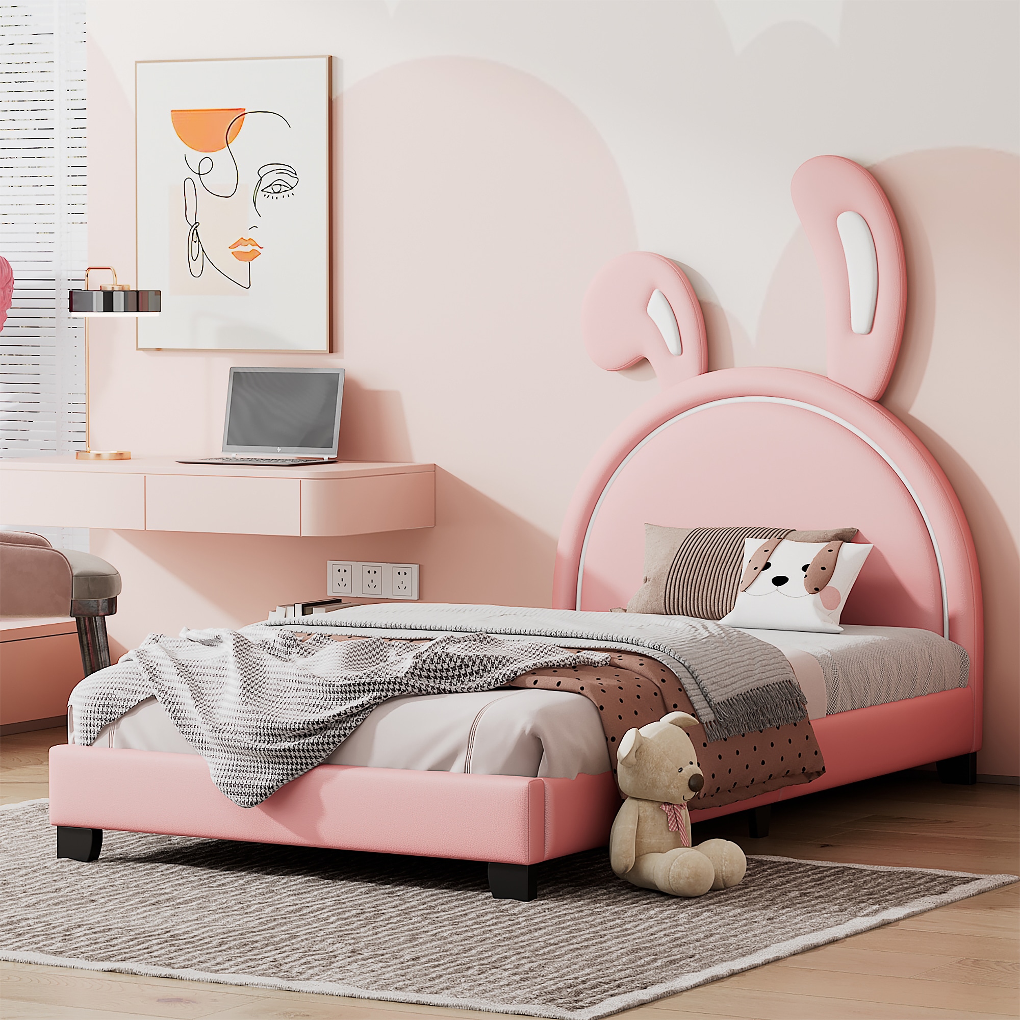 ModernLuxe WF299137AAH Twin Size Upholstered Leather Platform Bed with Rabbit Ornament Pink