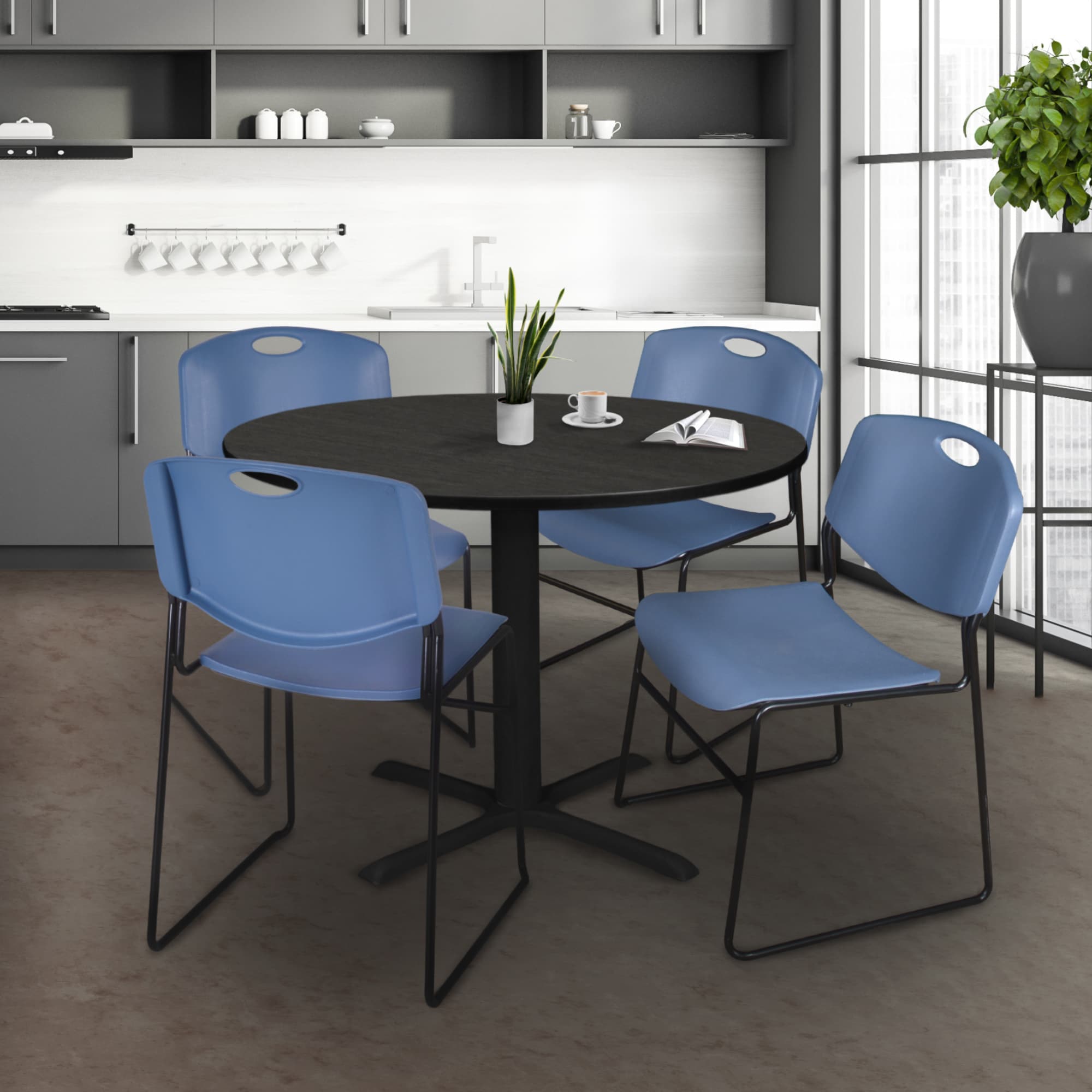 Zeng Sleek Blue and Black Armless Metal Stacking Chair