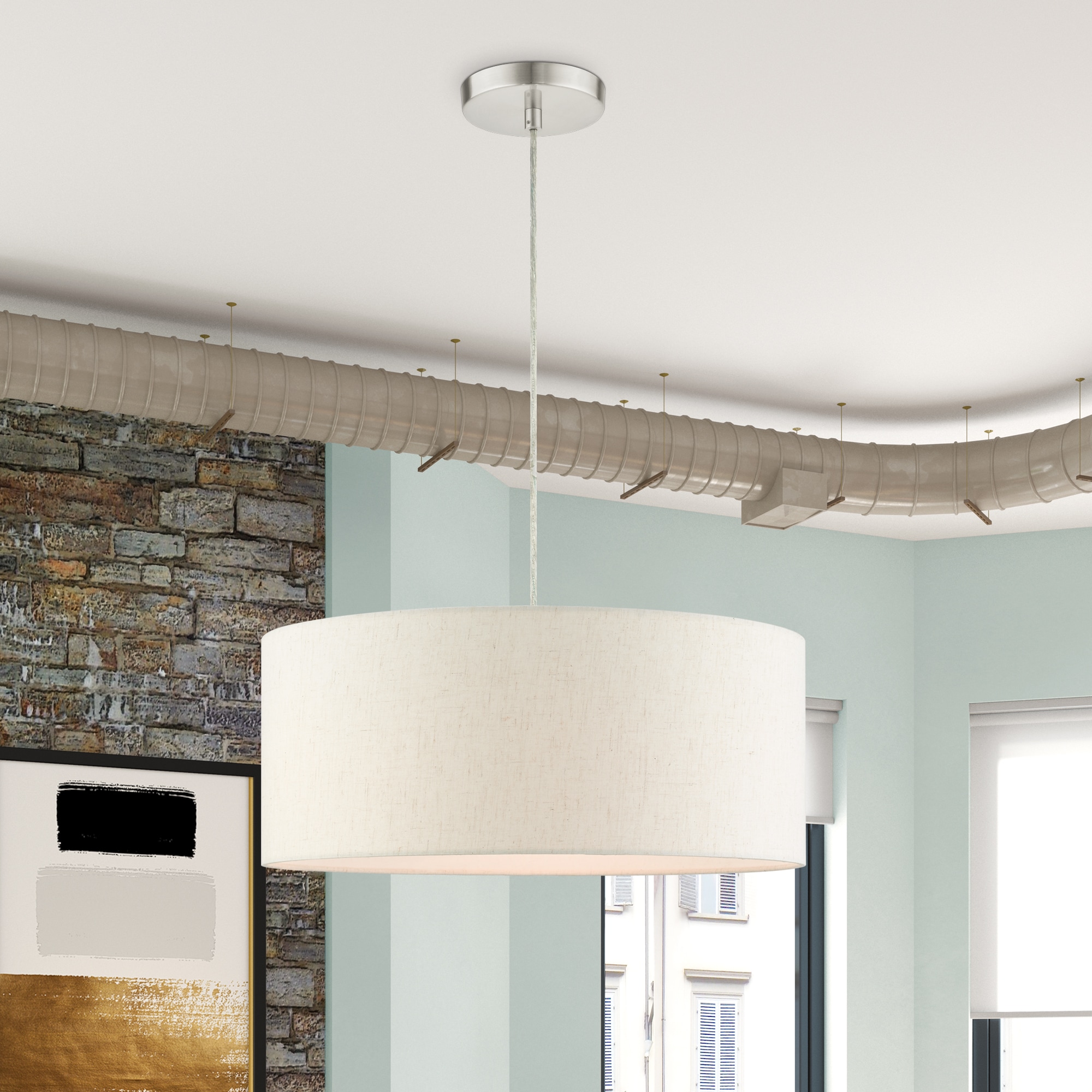 Meadow Brushed Nickel 3-Light Drum Pendant with Oatmeal Shade