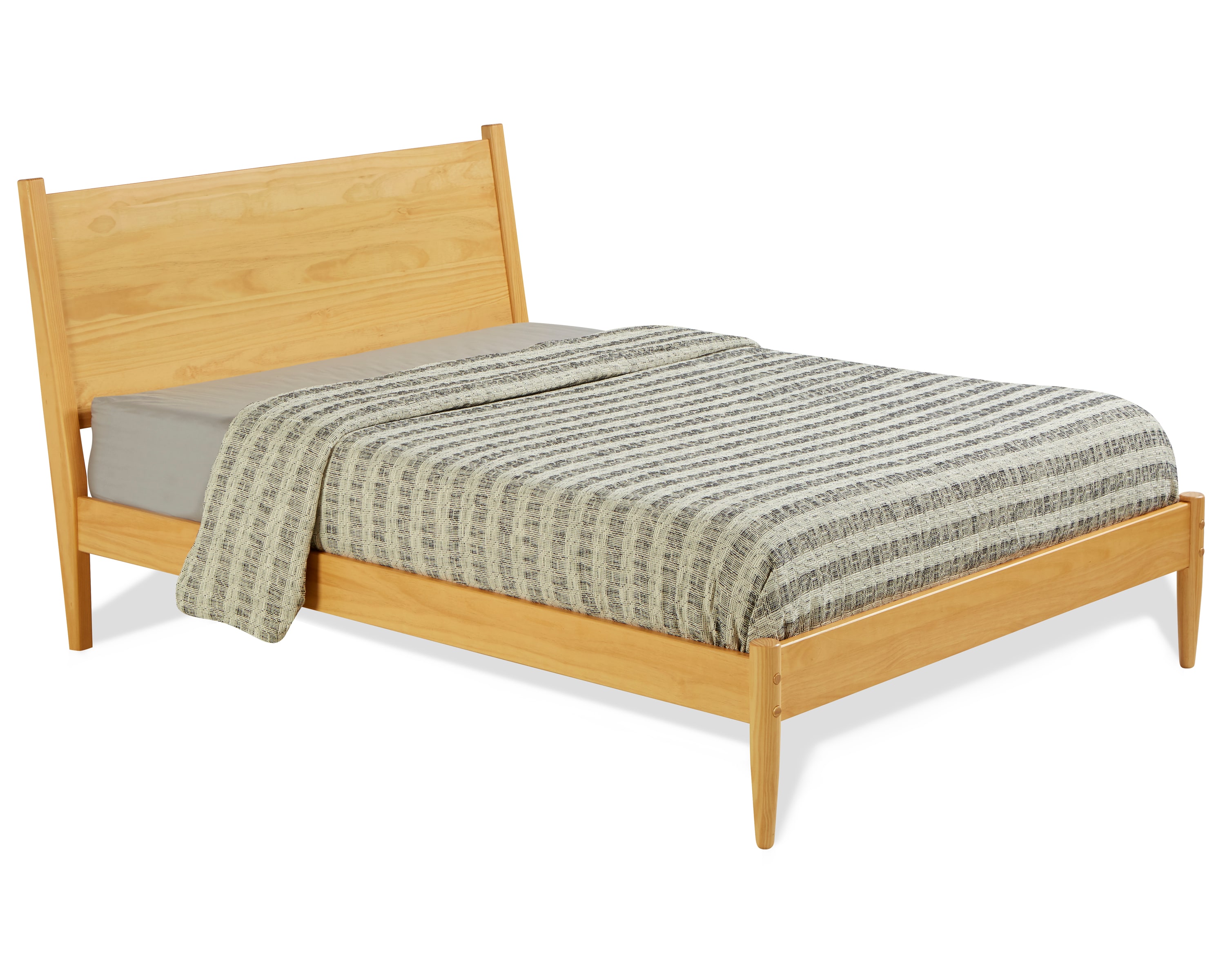 Scandinavian Oak Full Panel Mid-Century Modern Bed with Pine Frame