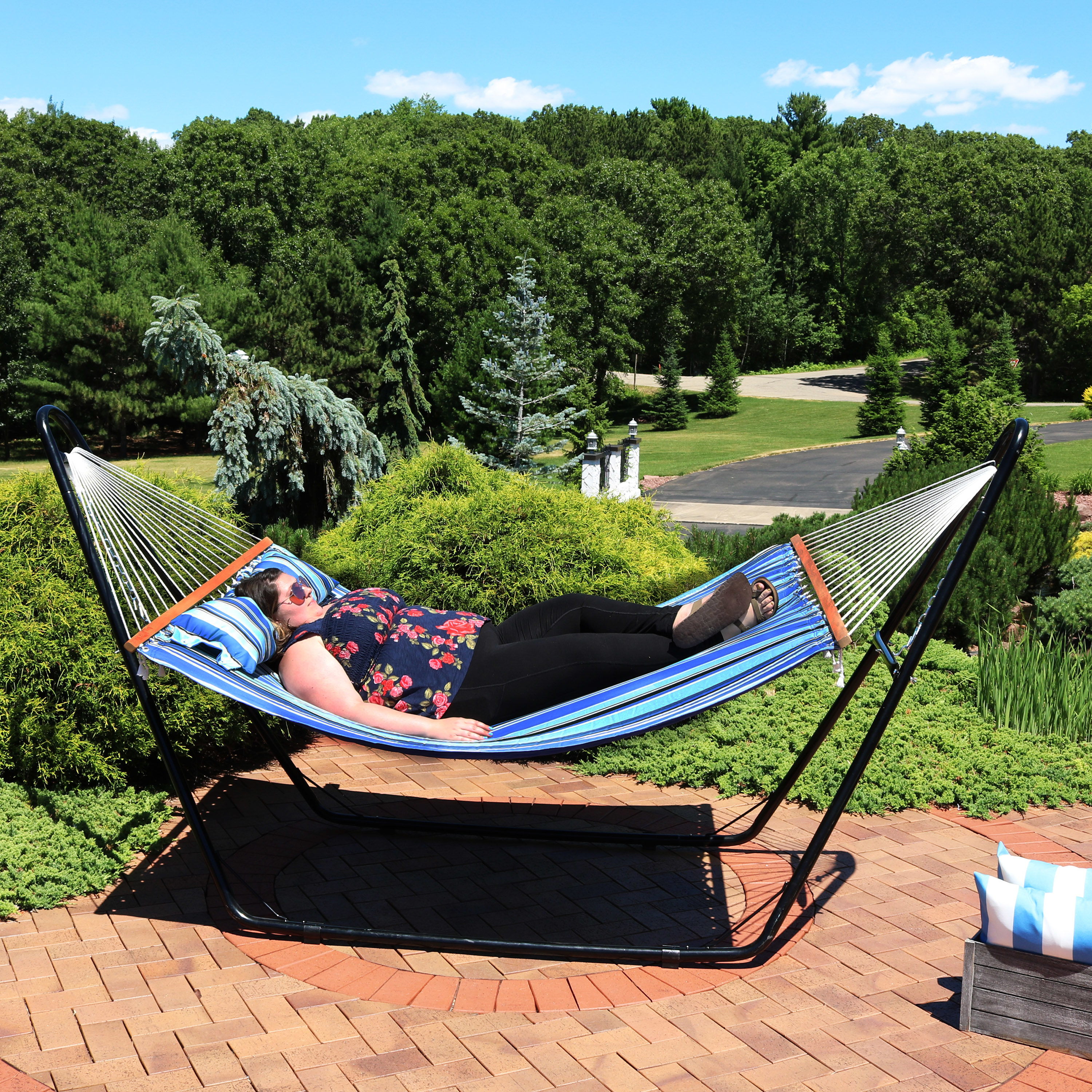 Misty Beach Blue Quilted Polyester Hammock with Steel Stand