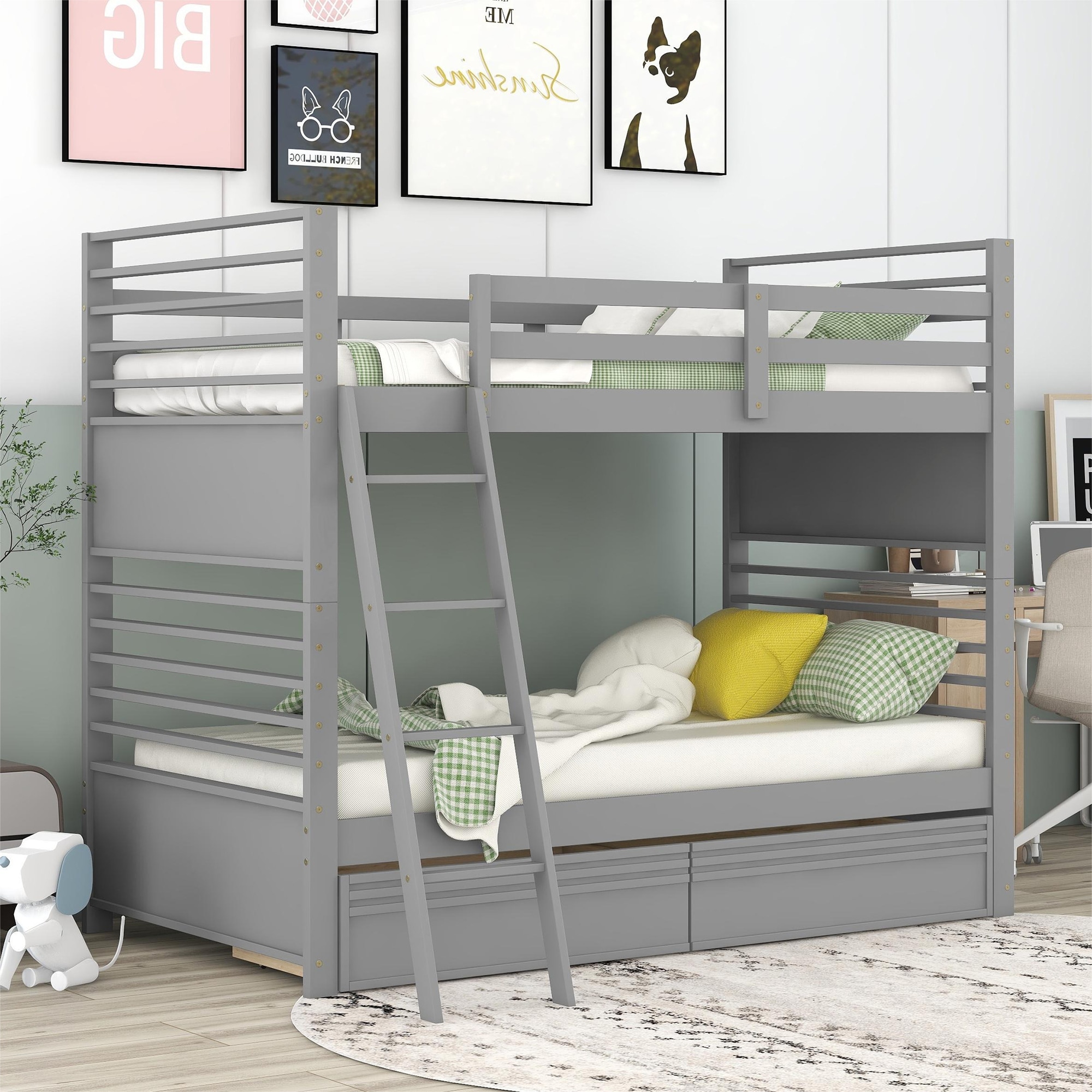 ModernLuxe LT000522AAE Twin over Twin Wood Bunk Bed with Two Drawers  Gray