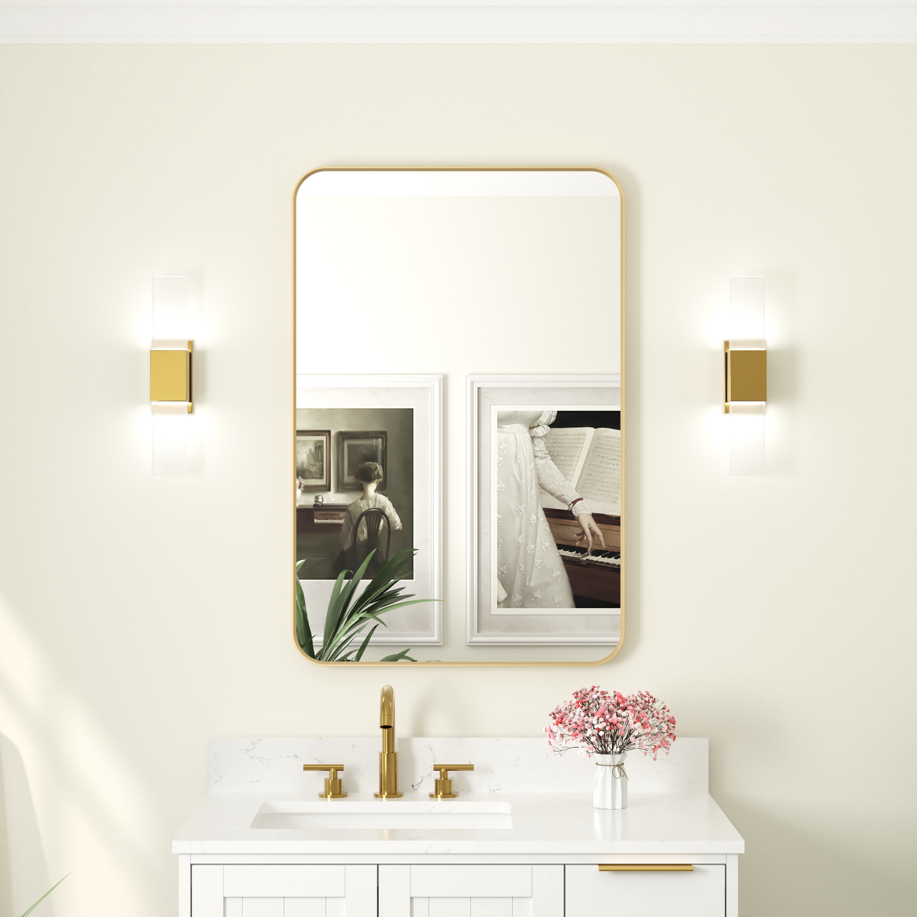 WELLFOR F1MR2436BG BELLA 24-in x 36-in Framed Rectangle Bathroom Vanity Mirror ( Brushed Gold )